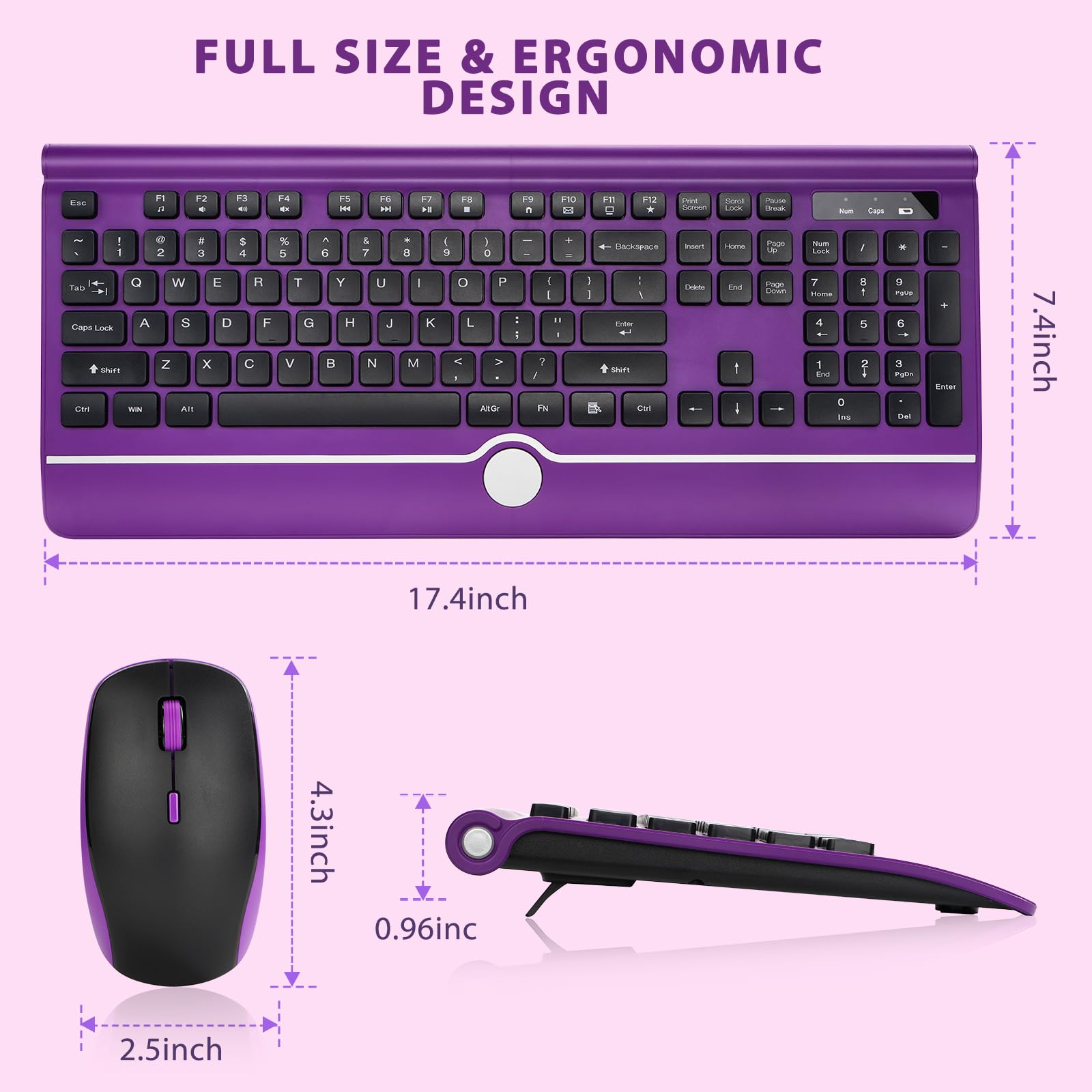 Wireless Keyboard and Mouse Combo, 2.4G Silent Purple Set with Wrist Rest for PC, Laptop - Home & Office Use