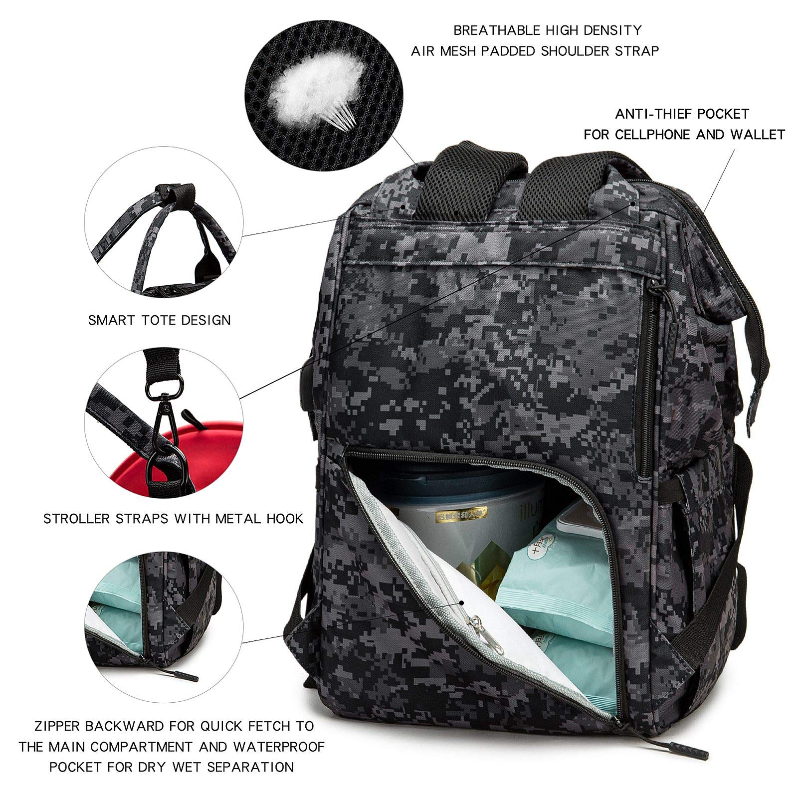 QWREOIA Diaper Bag Backpack with USB Charging Port, Stroller Straps & Insulated Pocket - Military Style Baby Changing Bag for Parents (Black Camo) - Perfect for Travel, Daycare & Family Outings