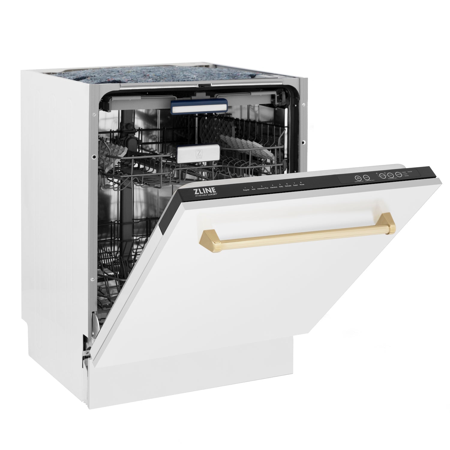 ZLINE Autograph Edition 24-inch 3rd Rack Top Control Tall Tub Dishwasher in White Matte with Polished Gold Handle - Ultra Quiet 51dBa (DWVZ WM 24 G) - Perfect for Modern Kitchens, Small Spaces & Open-Concept Homes