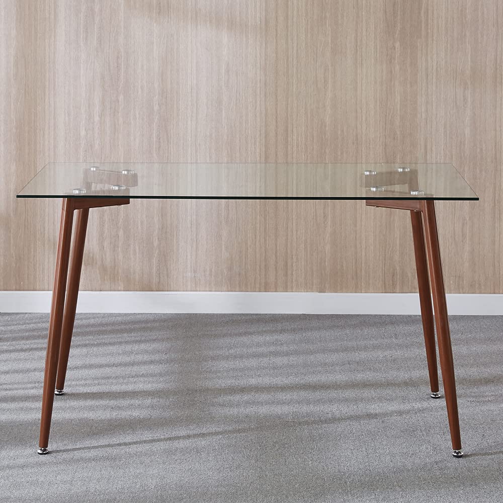 Modern Glass Top Dining Table with Metal Legs & Wooden Finish - Contemporary Kitchen & Home Office Furniture - Sturdy & Transparent Design for Stylish Dining & Workspaces