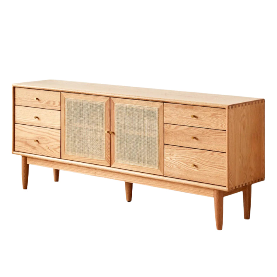 Modern Oak Solid Wood Rattan TV Stand with Storage - Entertainment Center for Living Room, Bedroom & Home Theater Setup