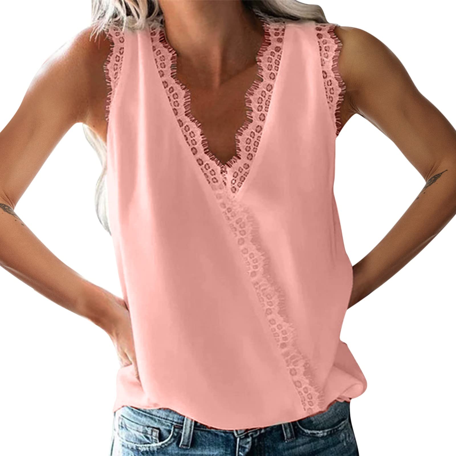 Women's Summer Tops - Solid V Neck Lace Vest Sleeveless Loose Blouse for Casual Wear & Beach Outfits | Breathable Splice Tank Tops & Tees for Women | Perfect for Vacation, Date Night and Outdoor Activities