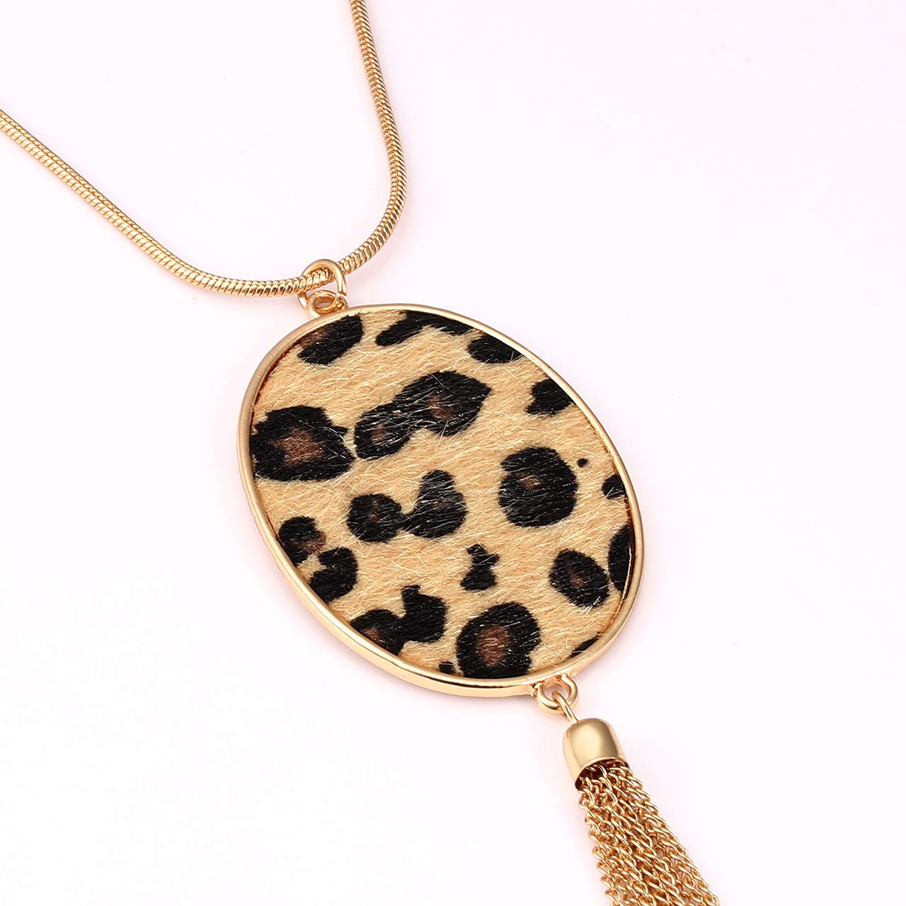 Women's Long Statement Necklace - Leopard & Snakeskin Print with Oval Leather Pendant | Fashion Jewelry for Casual Wear, Office & Evening Outfits