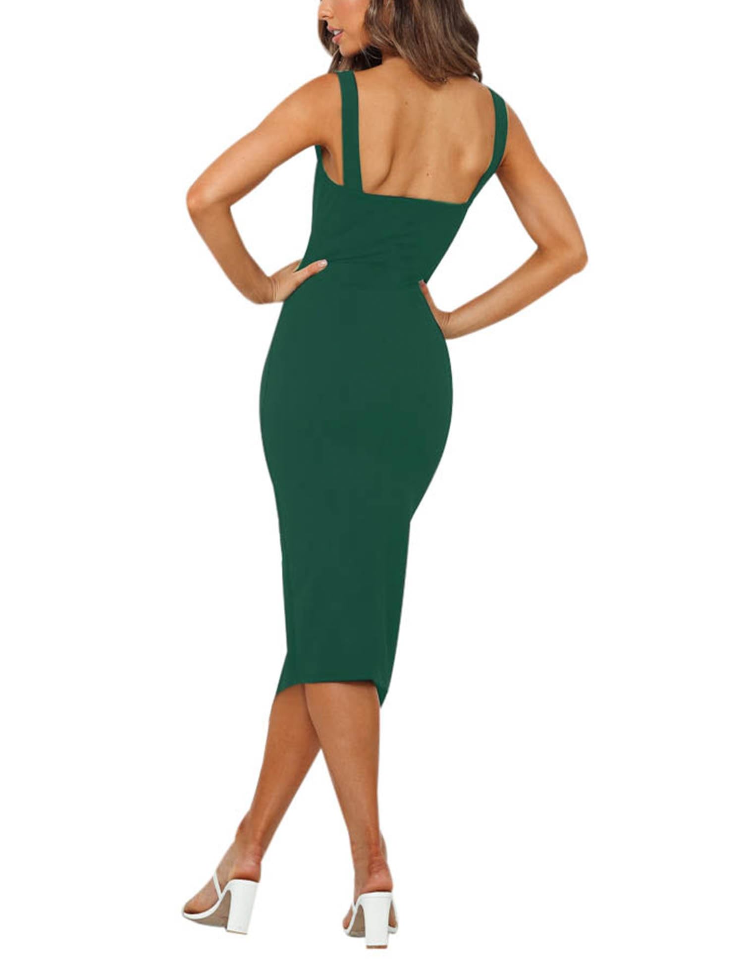 Relipop Women's Elegant Square Neck Sleeveless Midi Dress - Solid Color Formal Cocktail Dress with Side Slit for Wedding Guest, Summer Party & Special Occasions