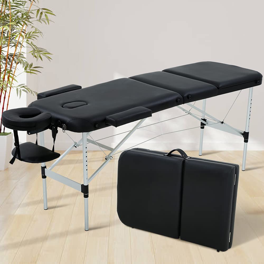 Adjustable 3-Folding Aluminum Massage Table - 73 Inch Portable Spa Bed with PU Leather & Face Cradle - Professional Salon, Beauty, Physical Therapy, Facial & Tattoo Use - Includes Carry Case for Easy Transport