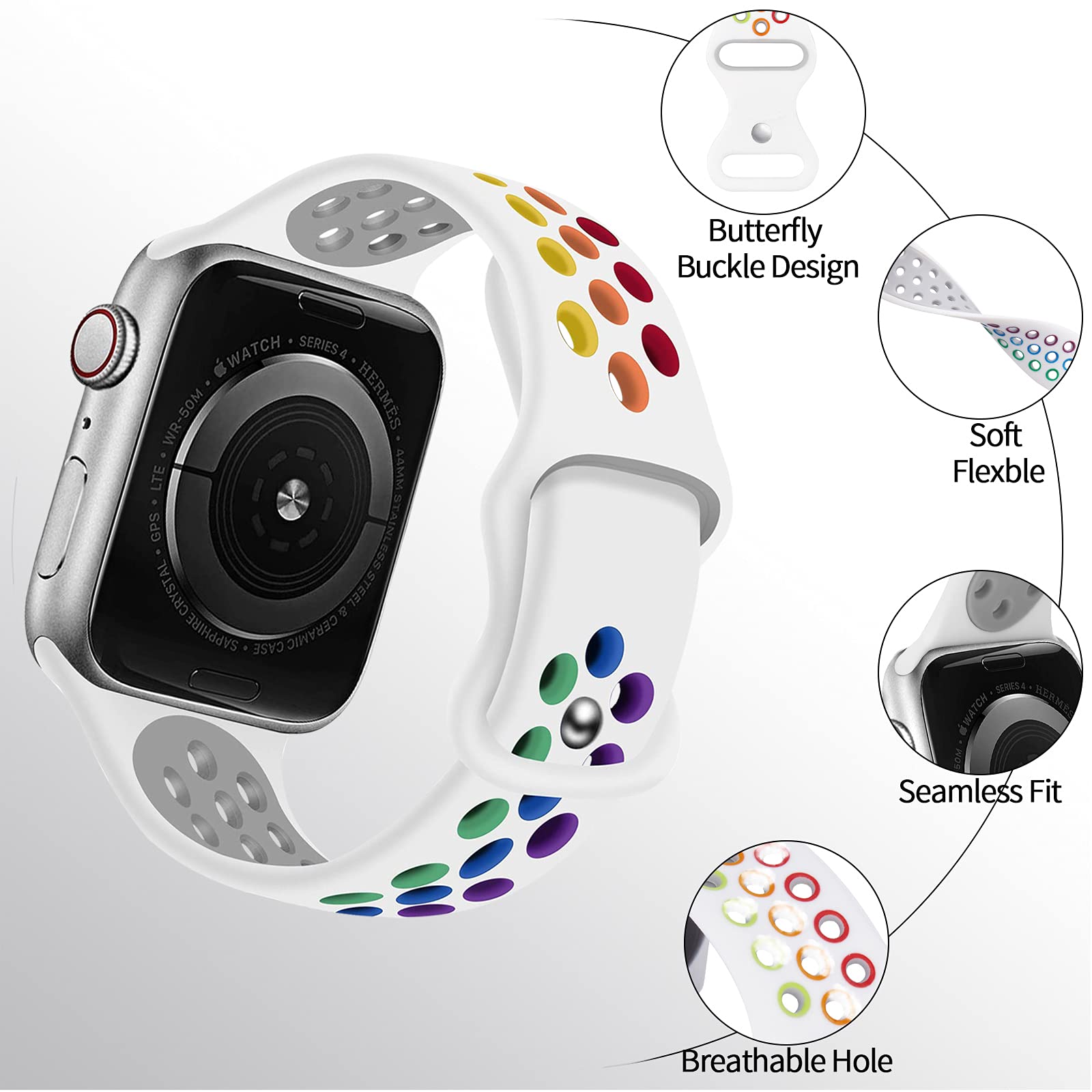 Rainbow Sport Silicone Apple Watch Bands - Compatible with 38mm/40mm/41mm/42mm/44mm/45mm/49mm iWatch SE & Series 1-9 - Soft Breathable Replacement Strap for Women & Men - Perfect for Running, Gym Workouts & Daily Wear