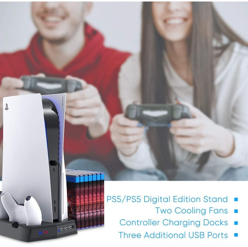 3 in 1 Vertical Stand with Cooling Fans & Charging Dock for PS5 Console & Digital Edition - Dual Controller Charger for Gaming Setup & Entertainment Center Accessories