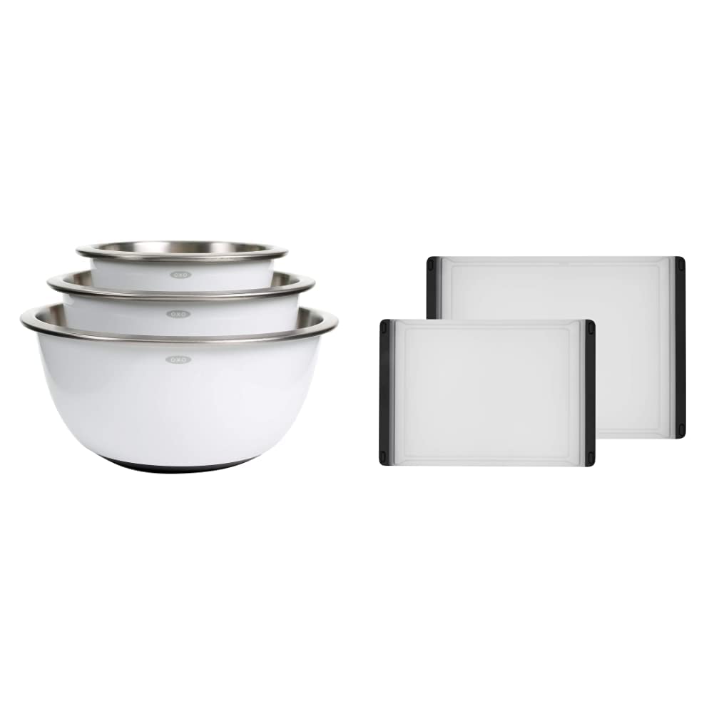 OXO Good Grips 3-Piece Stainless Steel Mixing Bowl Set with 2-Piece Plastic Cutting Boards - Durable Kitchen Essentials for Baking, Mixing & Food Prep - Perfect for Home Cooks & Professional Chefs