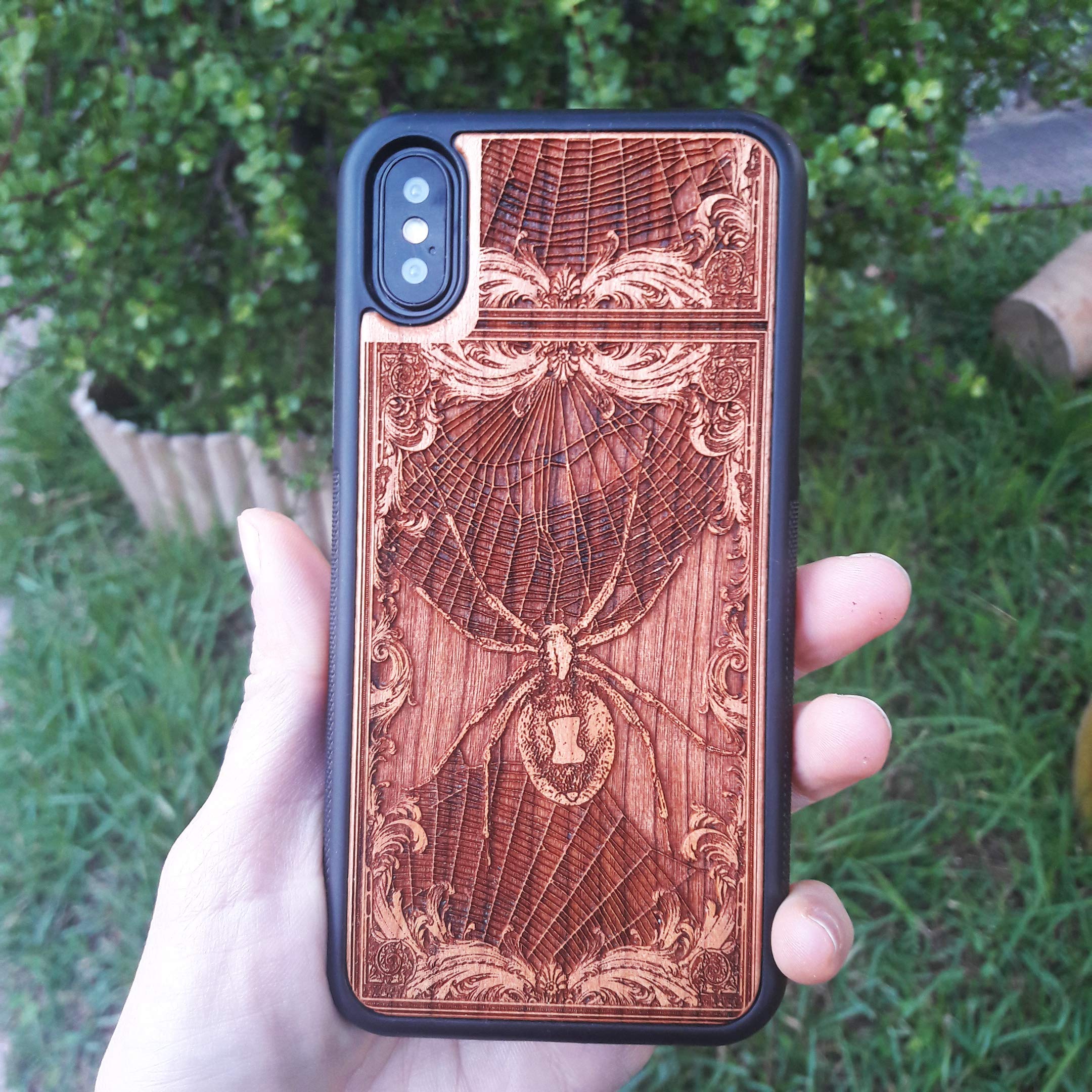 Black Widow Spider Laser Engraved Wooden Phone Case for iPhone 16/15/14/13/12/11 Pro Max/Mini & Galaxy S25/S24/S23/S22/S21/S20 Ultra Plus - Eco-Friendly Slim Durable Wood Cover - Perfect for Nature Lovers & Marvel Fans