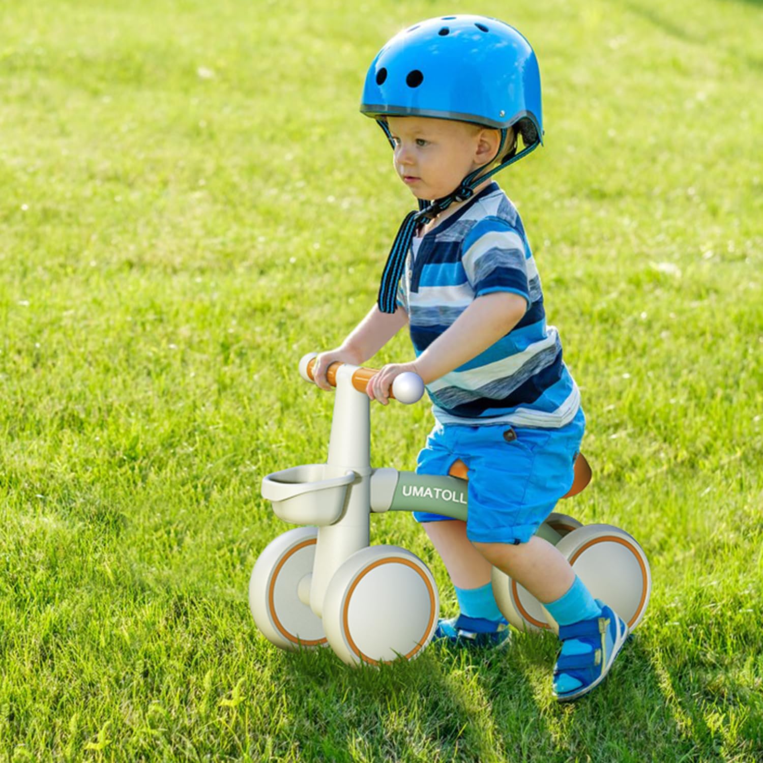 Umatoll Baby Balance Bike for 1-2 Year Olds | Adjustable Seat 4-Wheel Toddler Bike with Removable Basket | First Birthday Gift for Boys & Girls | Perfect for Indoor Play & Outdoor Learning to Ride | Green