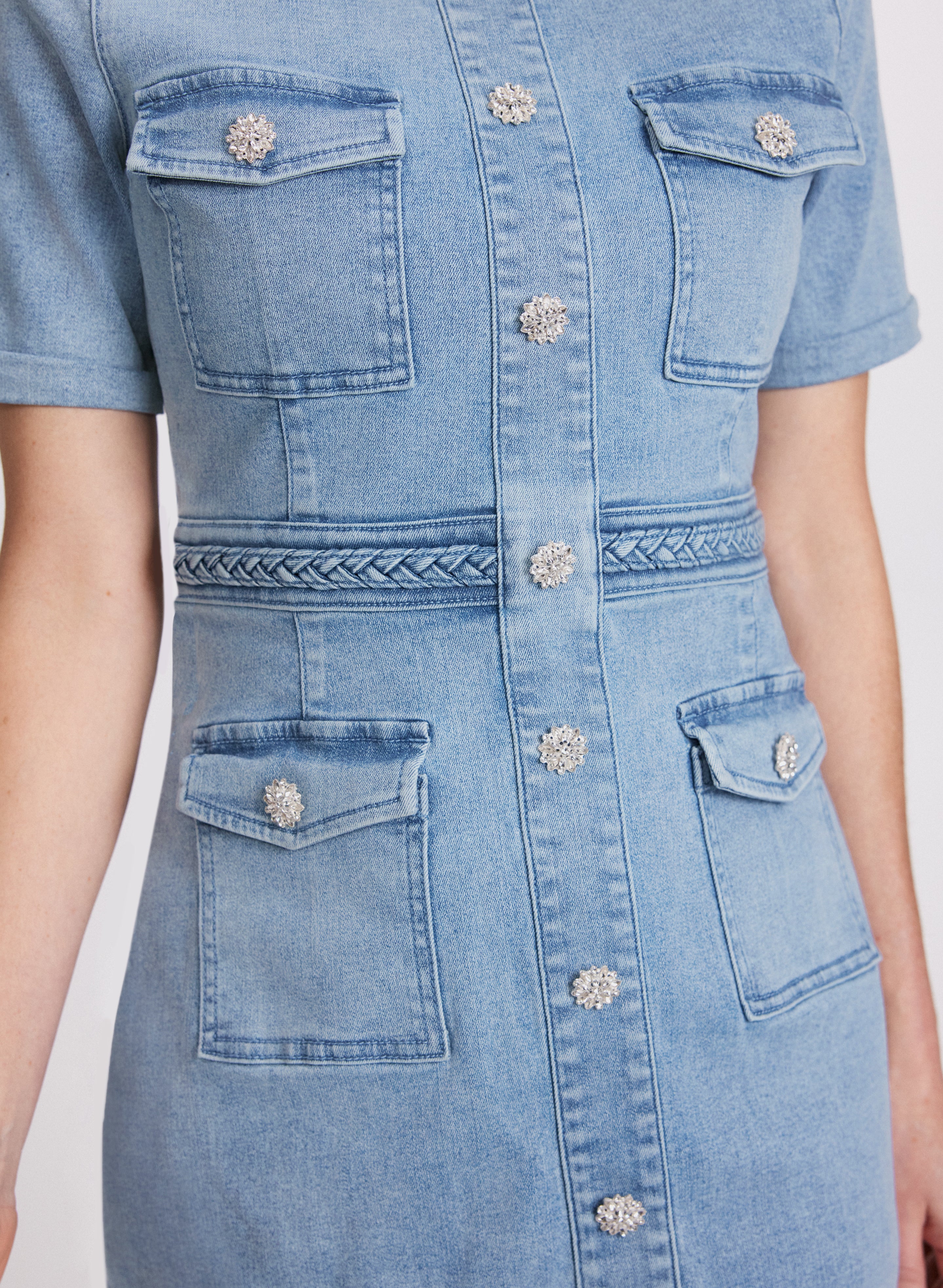 Crystal Embellished Denim Button Dress for Women | Elegant Party & Date Night Outfit