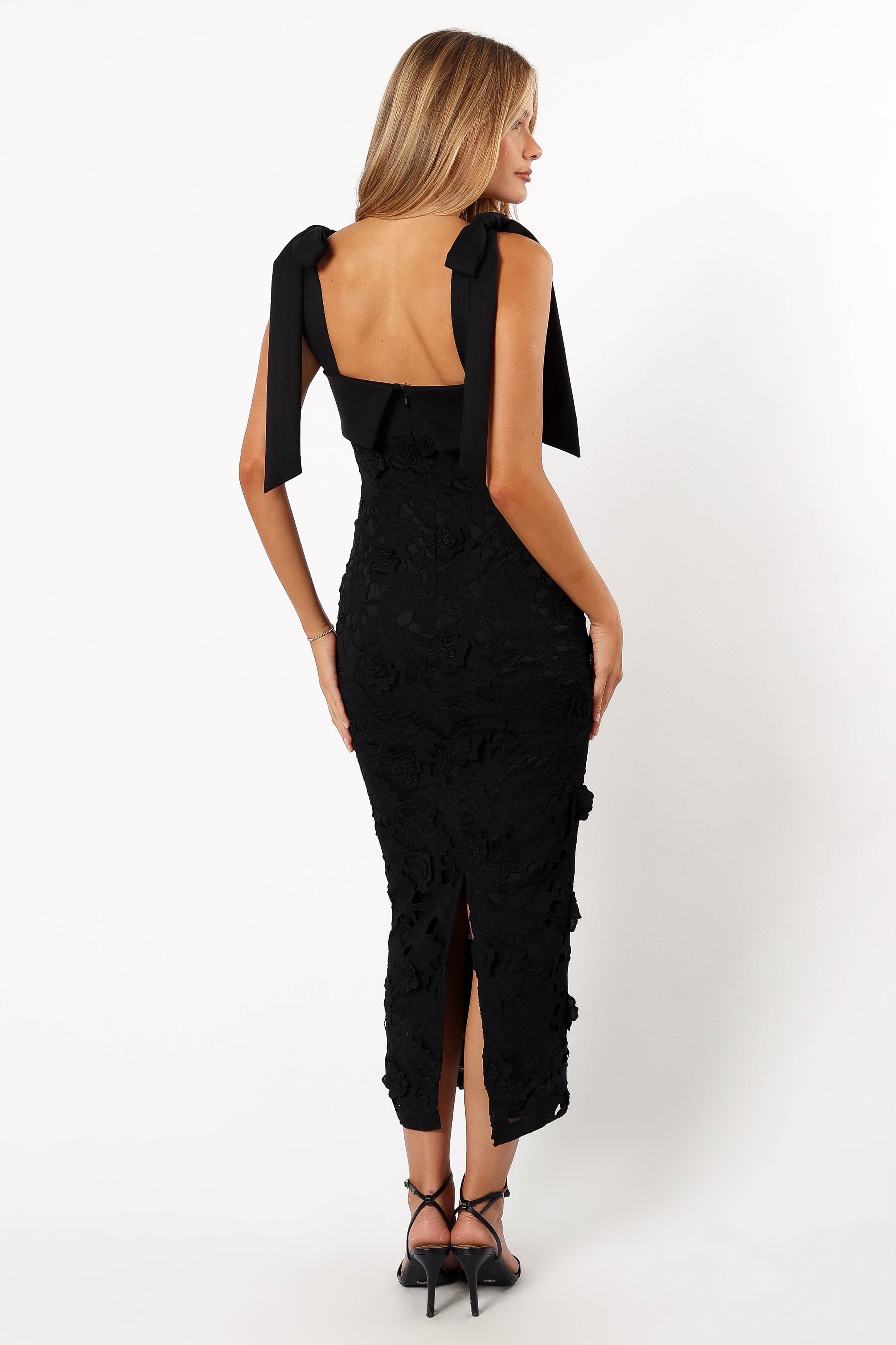 Emersyn Black Midi Lace Dress - Elegant Floral Embroidery Formal & Party Wear for Women