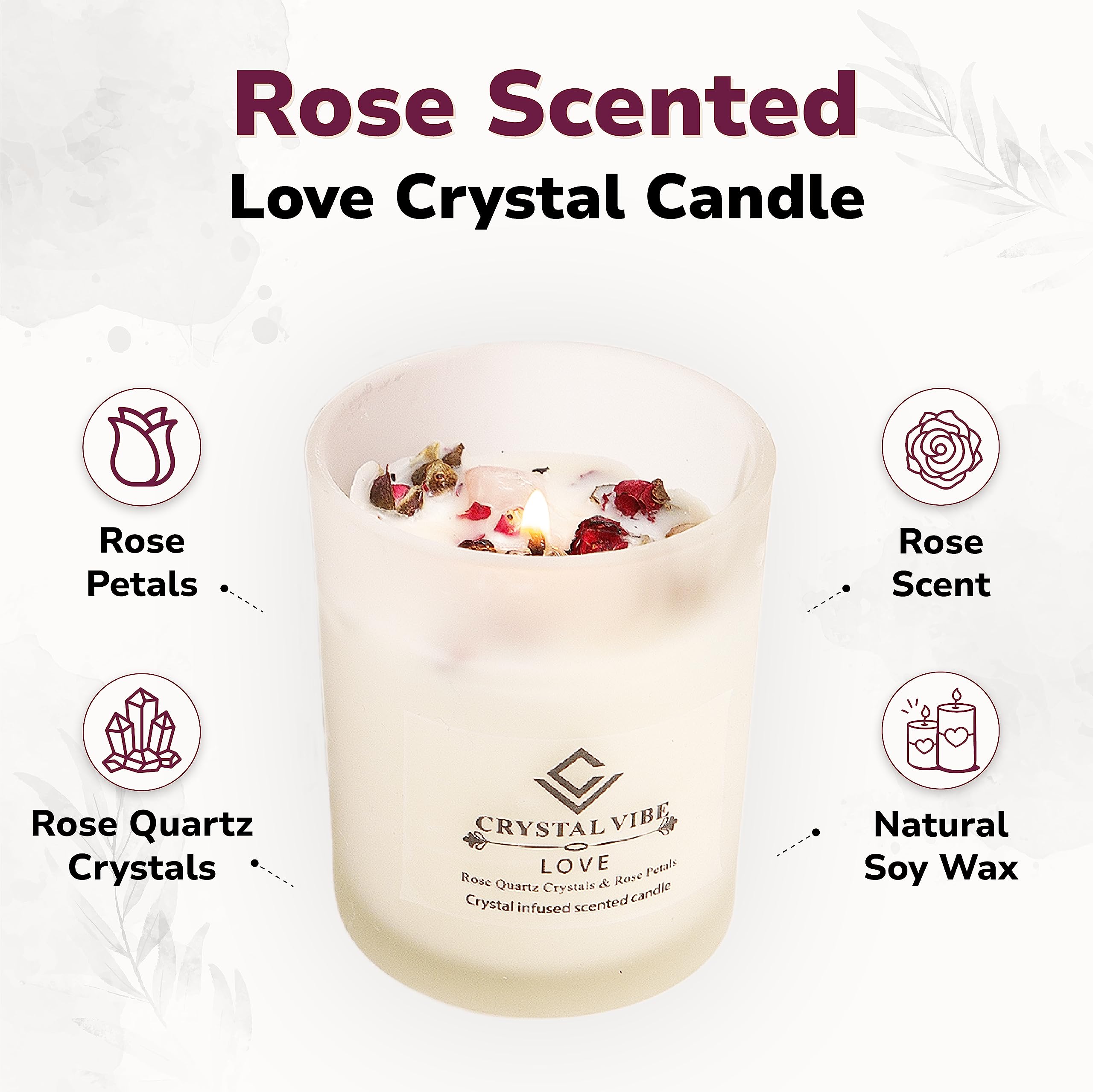 Rose Quartz Love Candle with Rose Petals - Romantic Rose Scented Aromatherapy Candle for Attraction & Relationships - Perfect Valentine's Day, Anniversary or Christmas Gift for Her - Home Decor, Meditation & Relaxation
