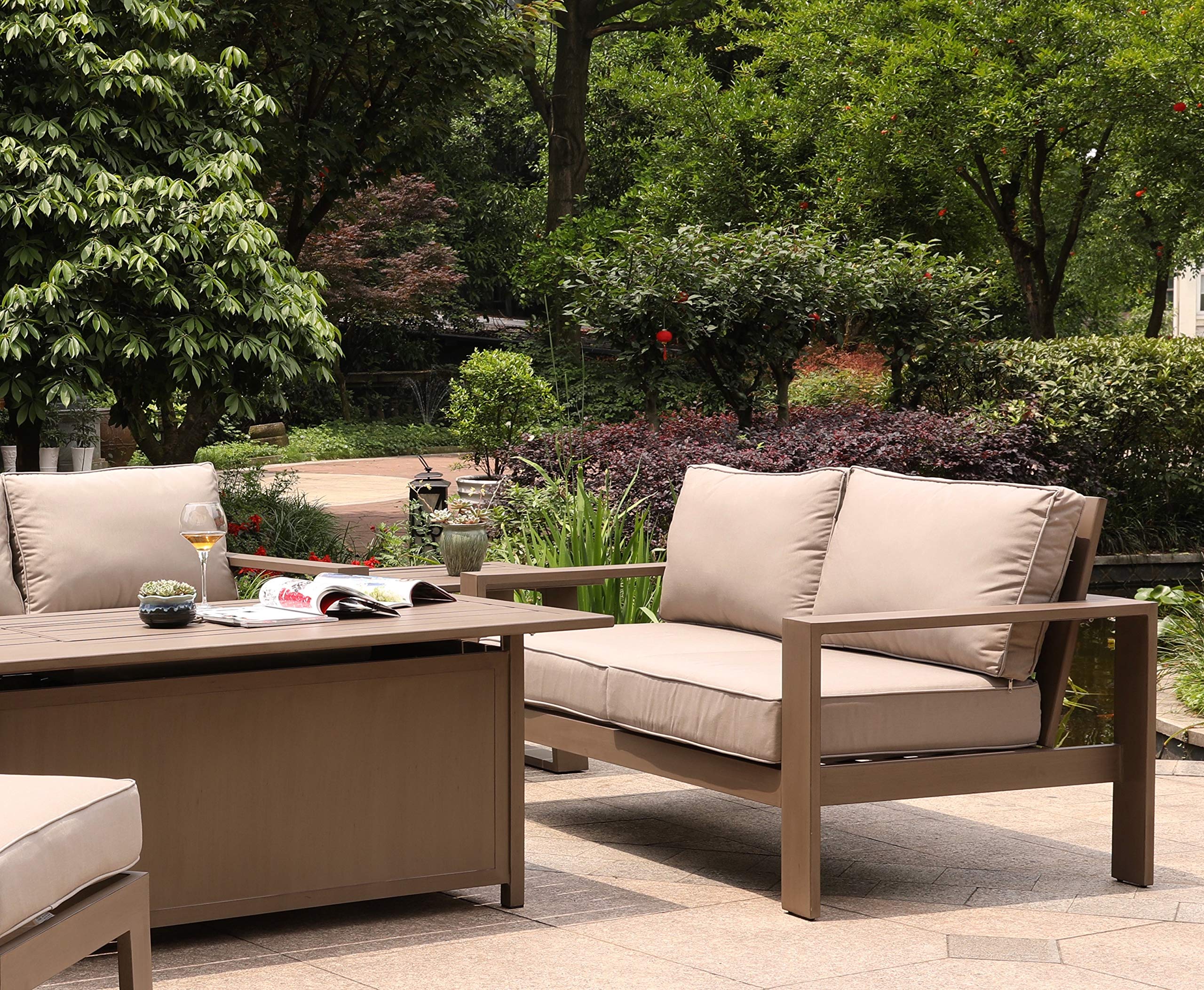 MARATIVA Premium Outdoor Patio Loveseat - Modern Patio Furniture with Durable UV-Resistant Olefin Fabric Cushions - Waterproof & Weatherproof for Lawn, Garden, Backyard & Poolside - Taupe Wood Grain Design