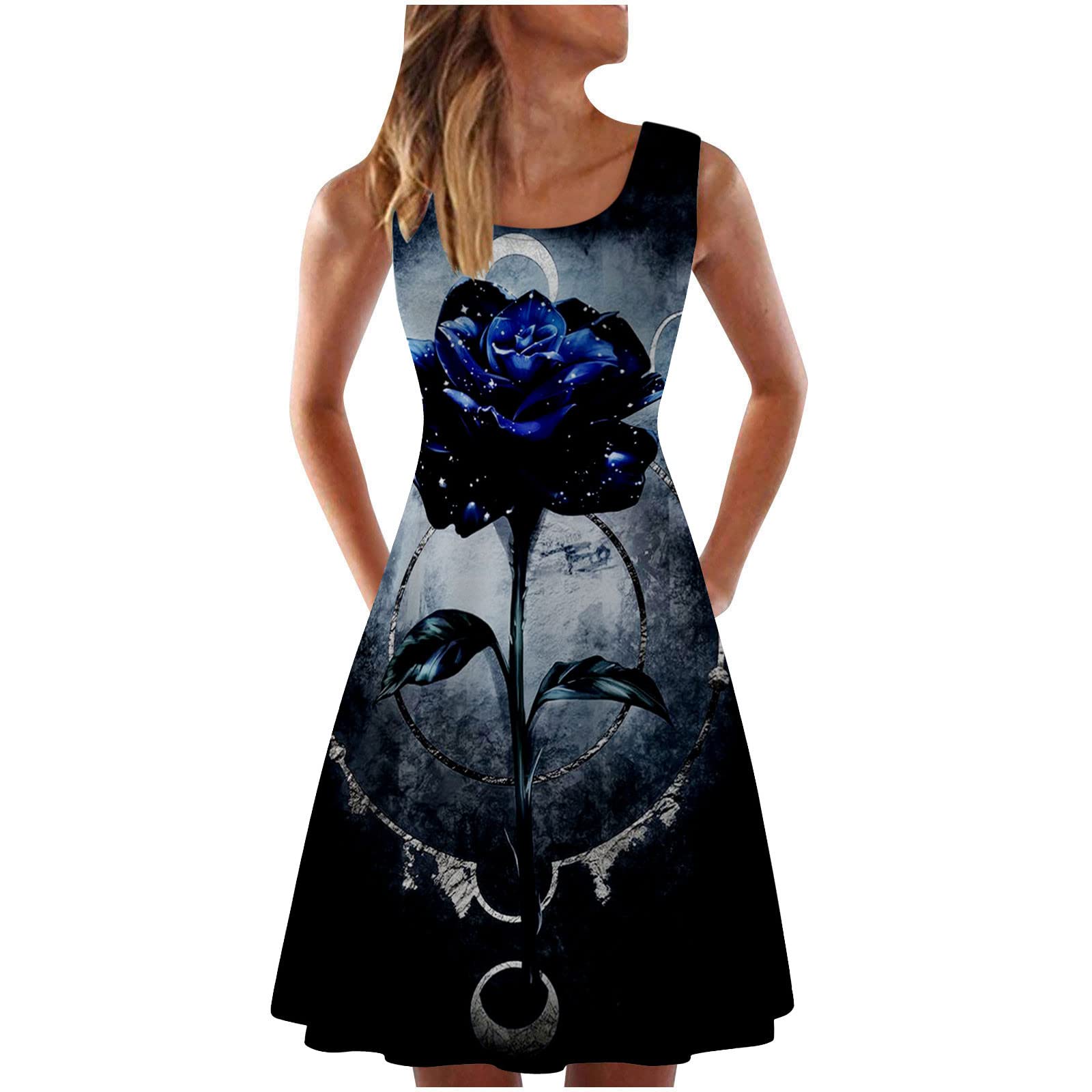 PANOEGSN Women's Printed Sleeveless Knee-Length A-Line Sundress - Flowy Tank Dress for Halloween, Masquerade Parties & Summer Outings | Beach, Date Night & Casual Wear