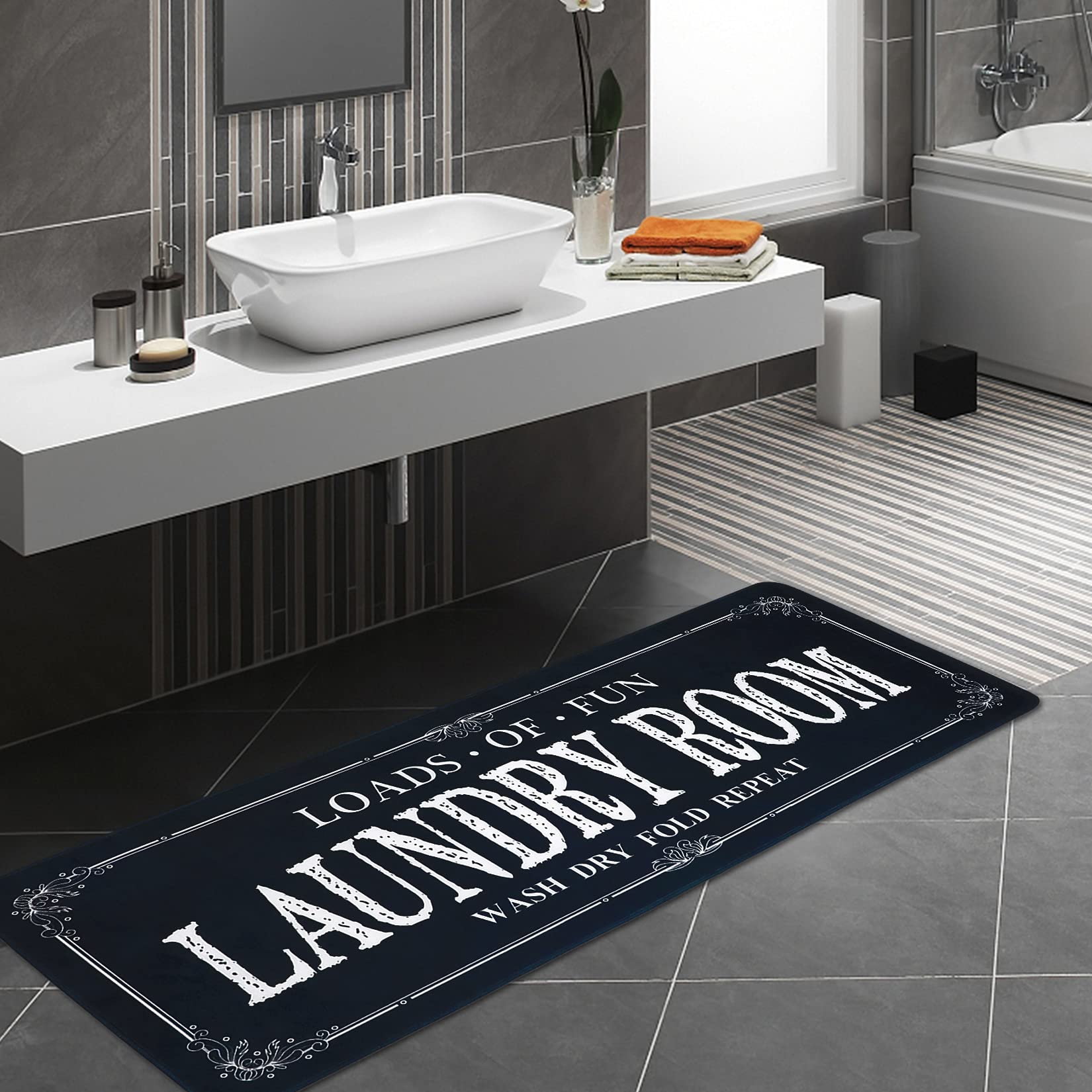 Non-Slip Laundry Room Rug Runner - 2'x6' Washable Farmhouse Kitchen Floor Mat for Bathroom, Mudroom & Laundry Room Decor (Black) | Perfect for High-Traffic Areas & Pet-Friendly Homes