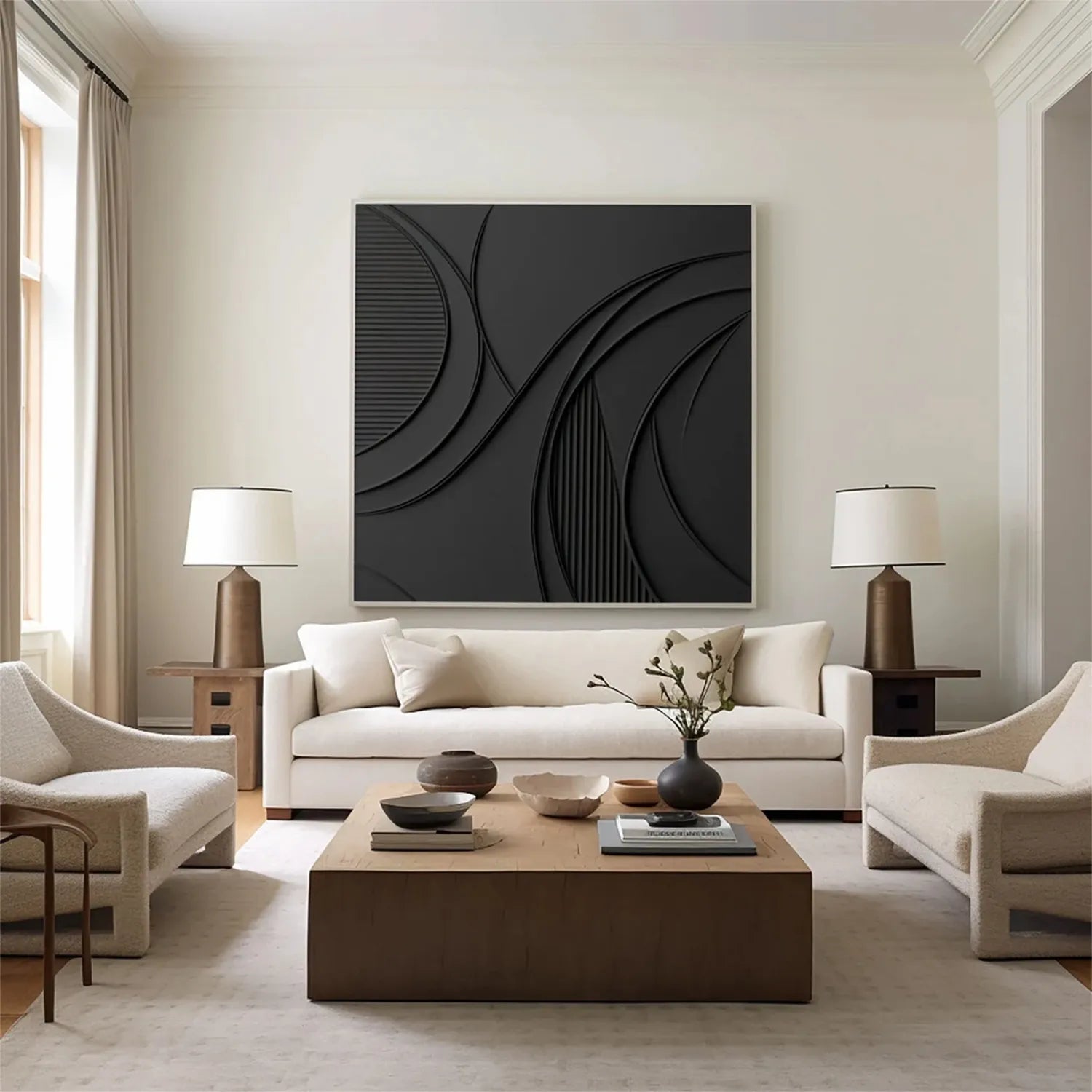 Black Minimalist Textured Painting Canvas #MZ128 - Modern Abstract Wall Art for Living Room, Bedroom & Office Decor