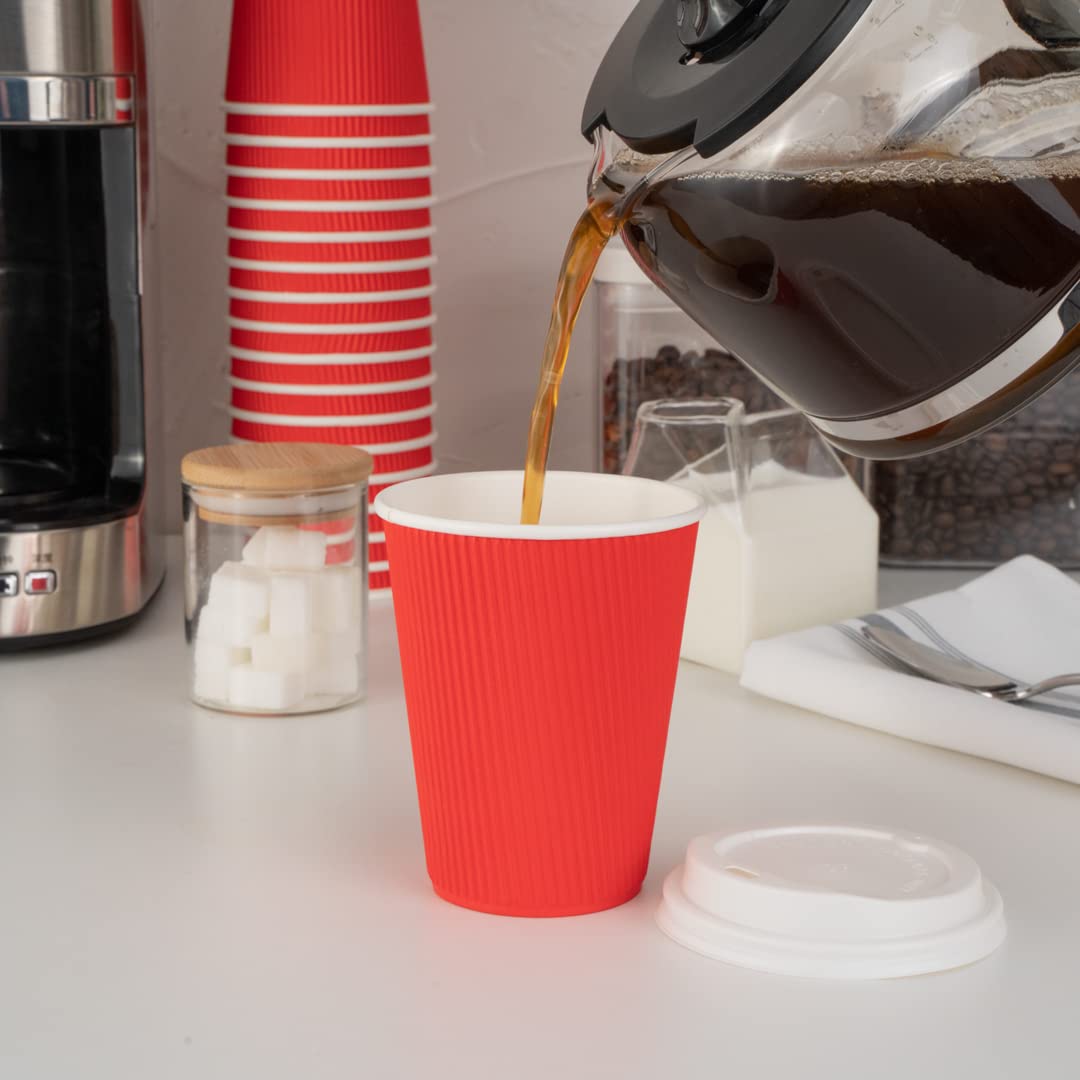 12oz Insulated Coffee Cups with Lids (200 Pack) - Leakproof & Non-Slip Red Disposable Paper Cups for Hot Beverages - Perfect for Coffee, Tea, Hot Cocoa & Lattes in Restaurants, Cafés & Offices