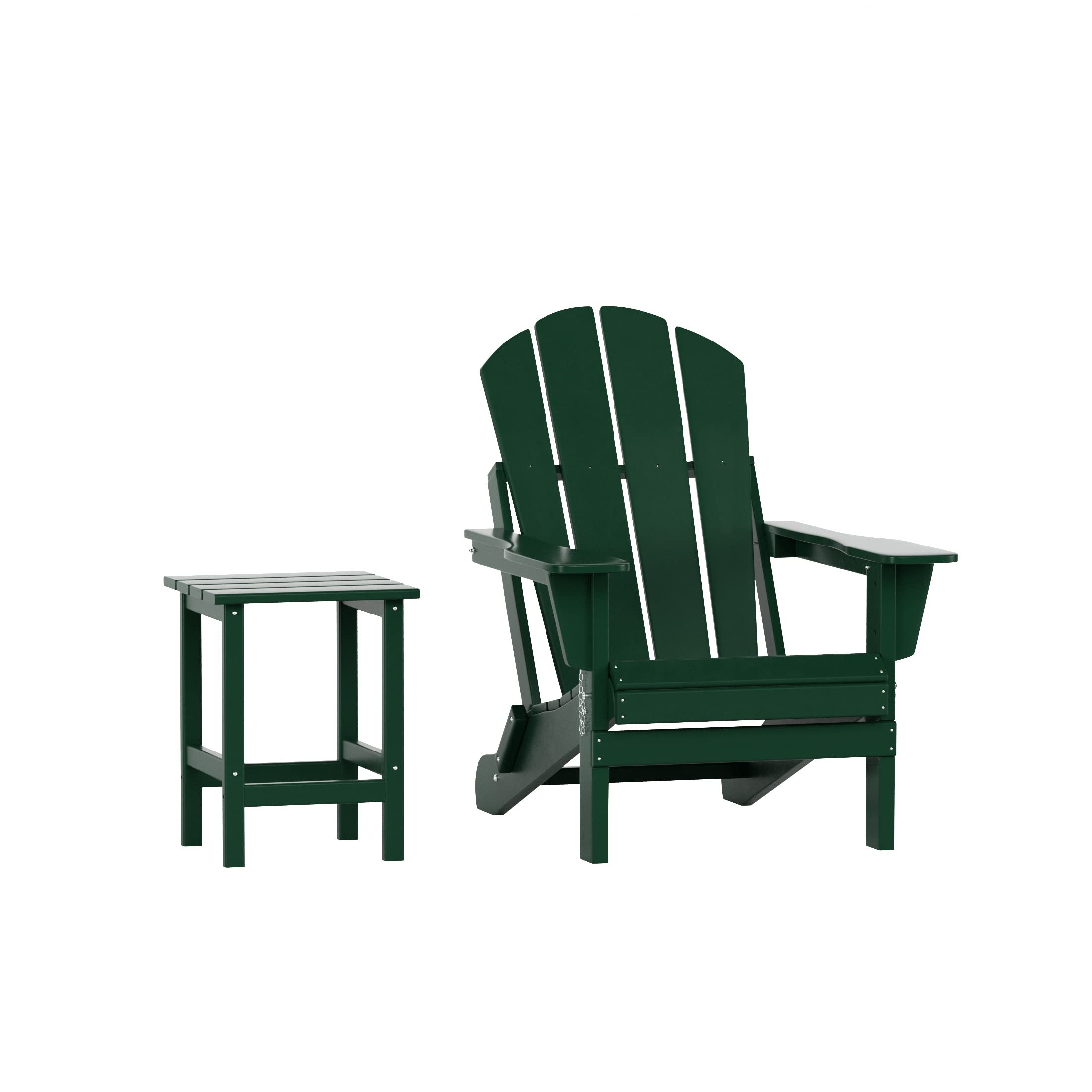 WO Home Furniture 2-Piece Adirondack Chair Set with Side Table - Outdoor Folding Chairs Weatherproof & UV Resistant for Lawn, Garden, Patio, Deck, Camping, Bonfire, Backyard Relaxation (Dark Green)