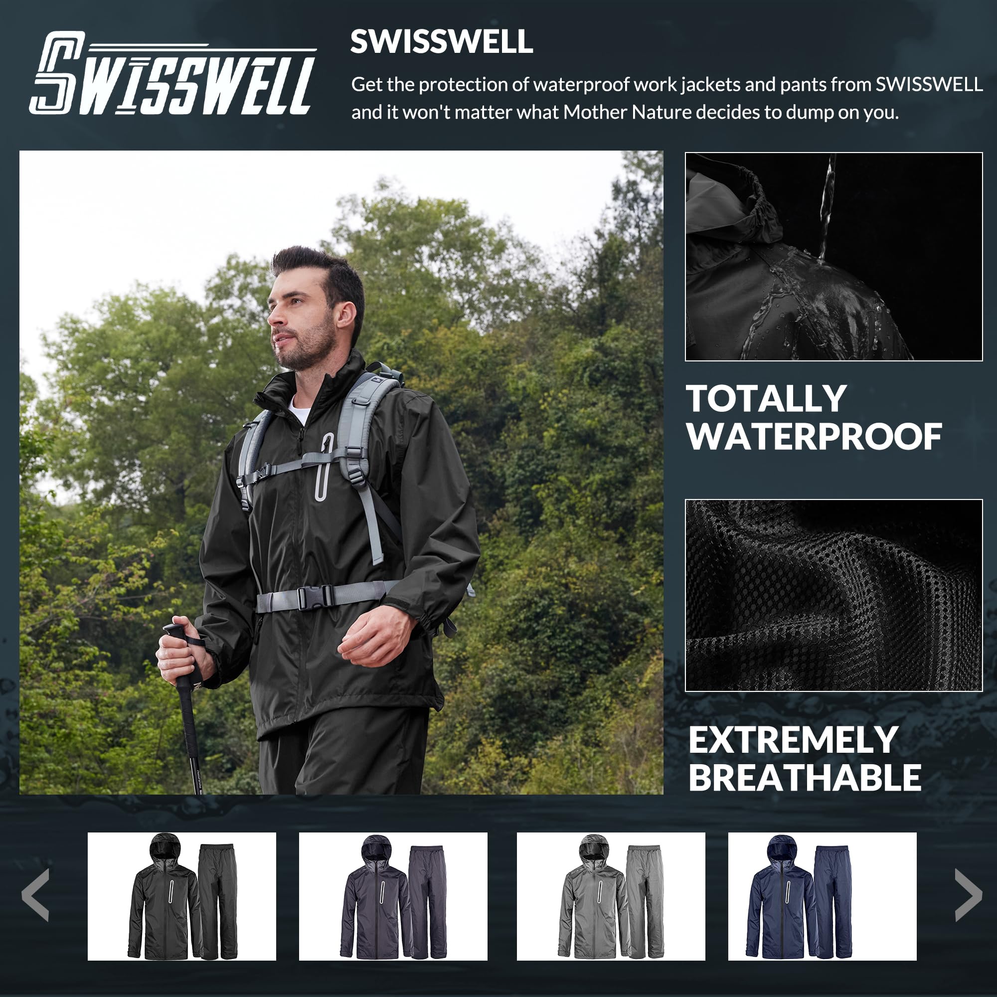 SWISSWELL Waterproof Rain Suit for Men & Women - Lightweight Hooded Raincoat Jacket with Pants for Golf, Hiking, Travel & Outdoor Activities | All-Weather Protection