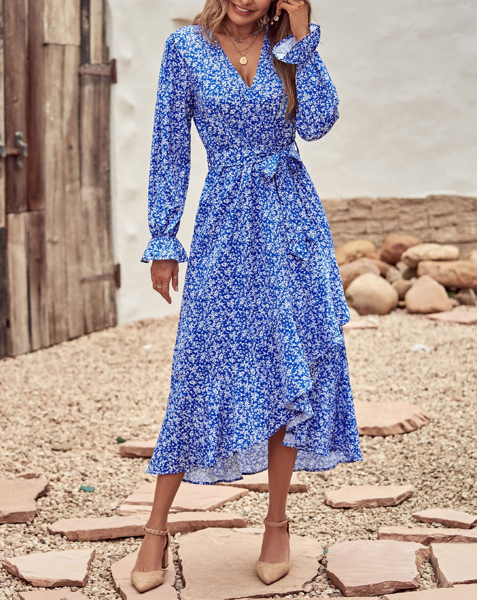 BTFBM Women's Long Sleeve Floral Dress - V Neck High Waist Ruffle Boho Maxi Dress for Spring Summer 2025 | Wedding Guest Dress, Garden Party, Date Night & Special Occasions