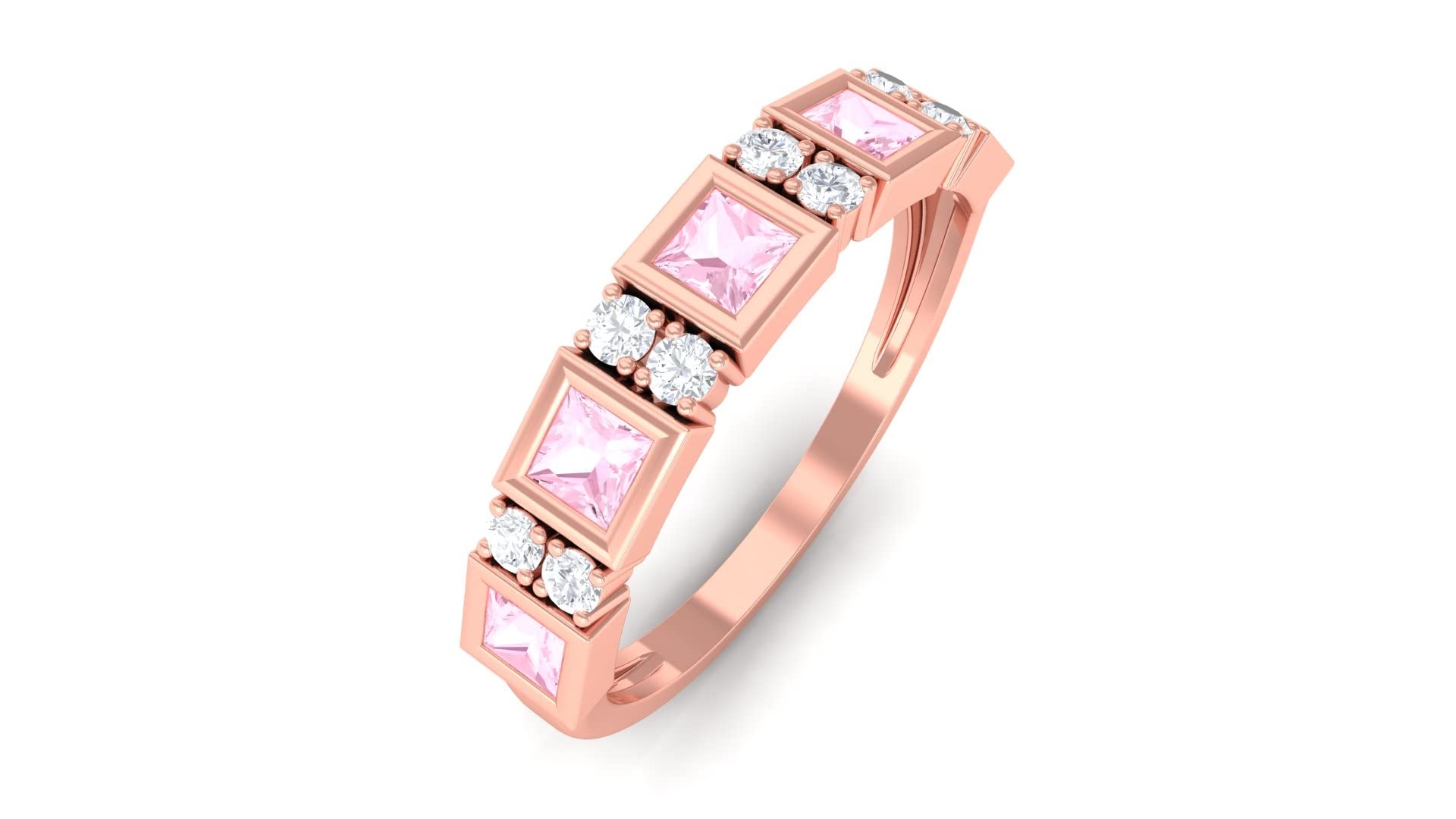 14K Solid Gold Princess Cut Rose Quartz Half Eternity Ring for Women | Rose Quartz & Diamond Wedding Band | Elegant Stackable Ring for Anniversary, Engagement & Everyday Wear