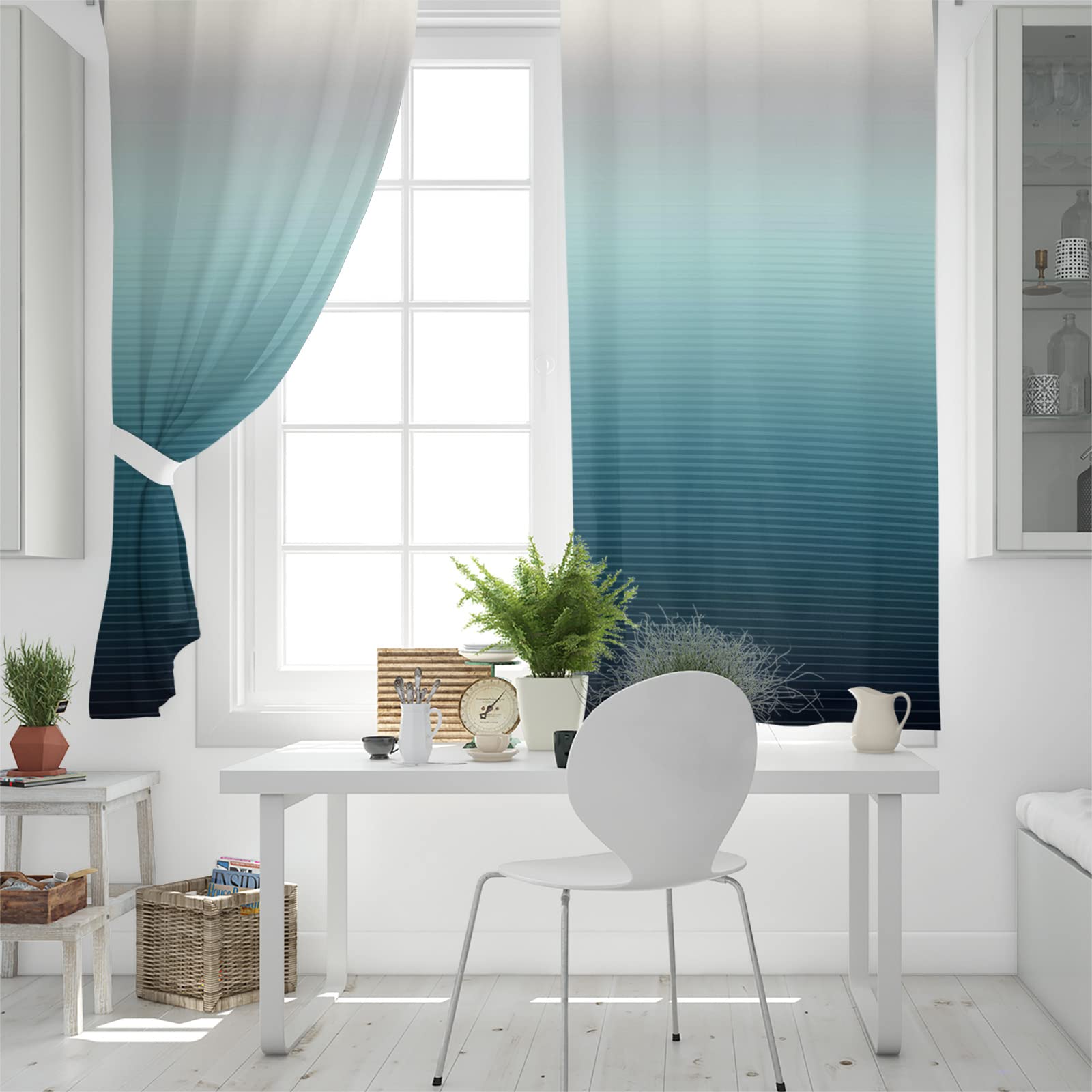 Teal Grey Ombre Stripe Gradient Blackout Curtains - Thermal Insulated Room Darkening Window Drapes for Living Room & Bedroom (2 Panels, 42x84 Inches) - Perfect for Home Decor, Privacy & Energy Efficiency
