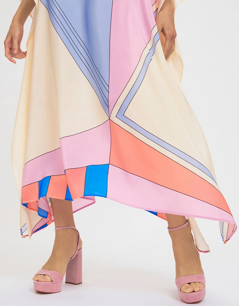 Luxury Soft Silk Crepe Kaftan Dress for Women - Elegant Beige & Violet Flowy Maxi Cover Up - Perfect for Beach, Vacation, and Summer Evenings