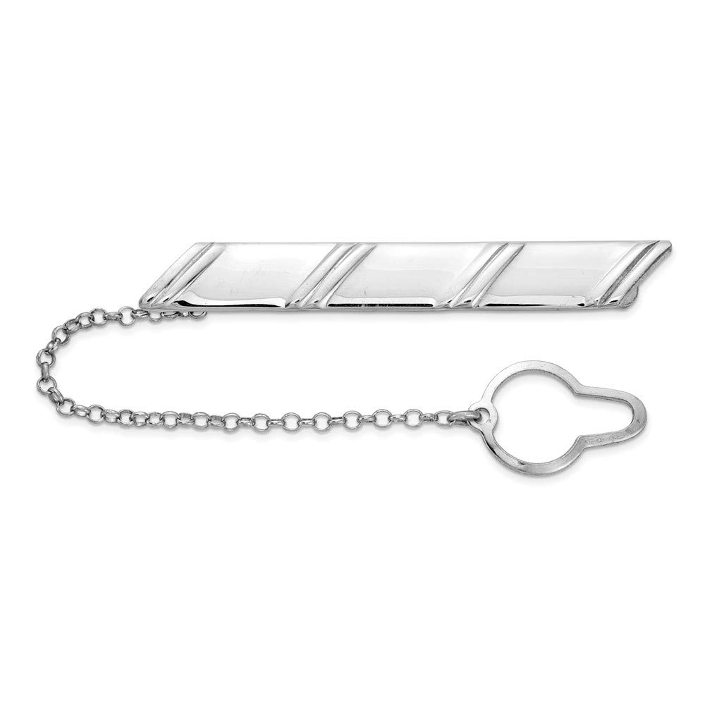 Stylish Sterling Silver Rhodium-Plated Diagonal Stripes Tie Bar with Button Chain - Perfect for Weddings, Business Meetings & Formal Events