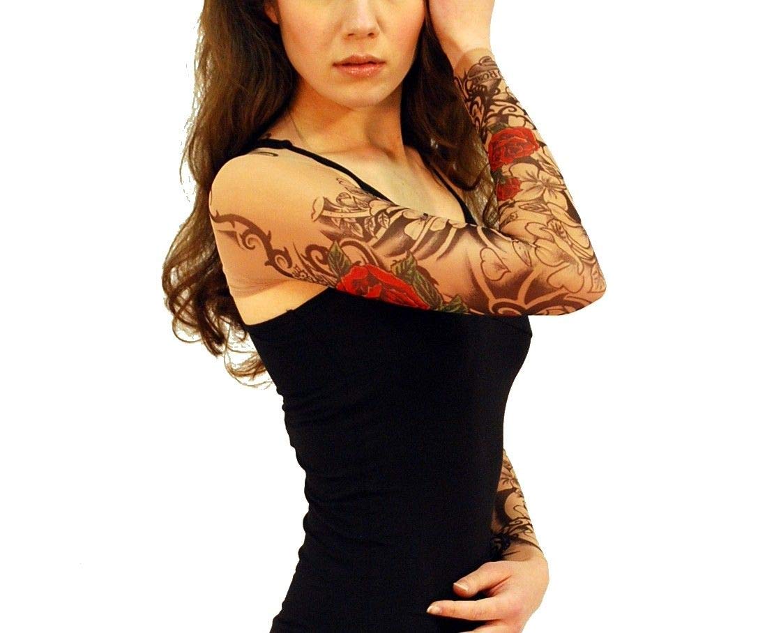 Wild Rose Tattoo Sleeve Shrug for Women - Flamenco Red Rose Mesh Arm Cover - Perfect for Dance Performances, Costume Parties & Gothic Fashion