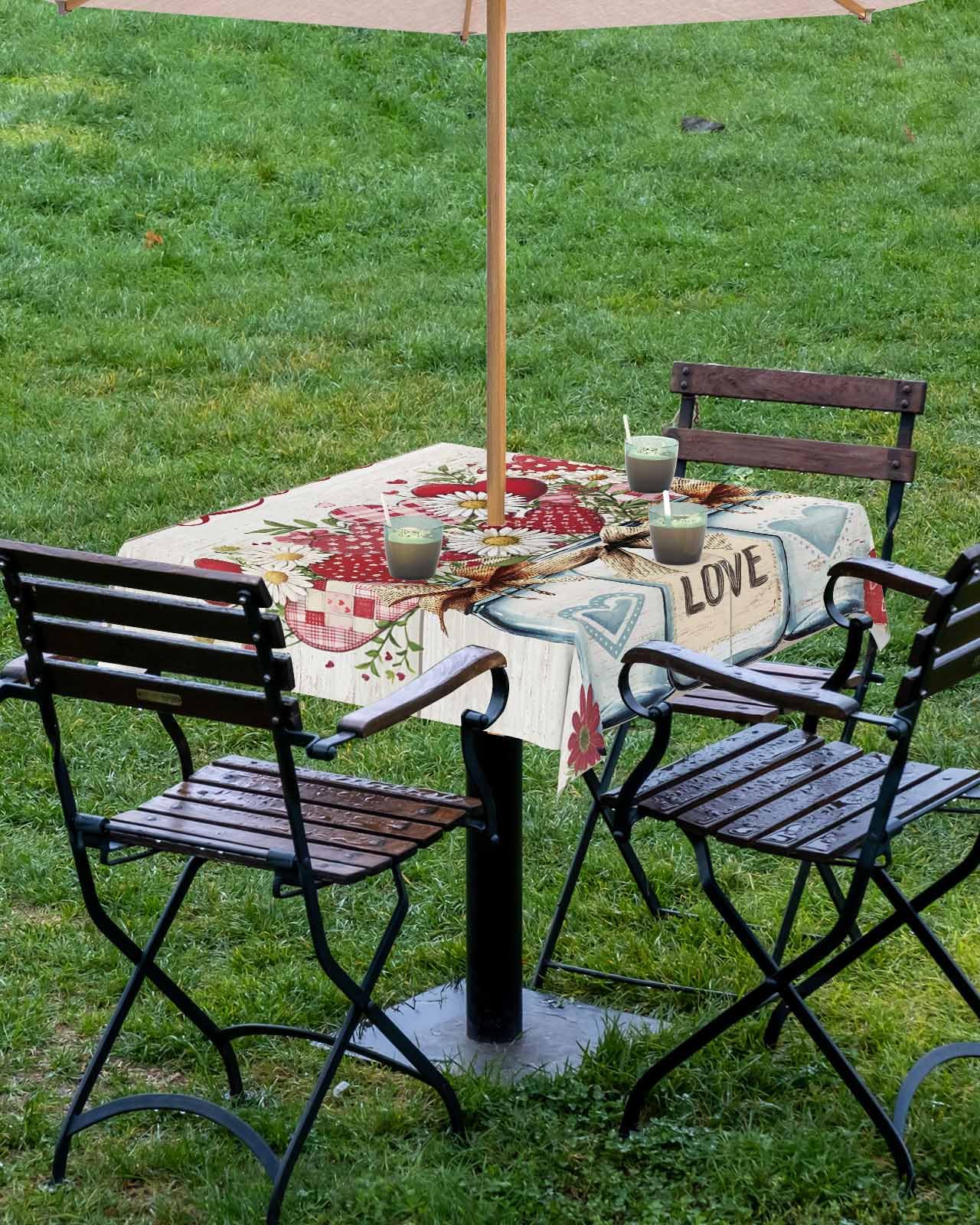 Valentine's Day Waterproof Spillproof Tablecloth with Umbrella Hole & Zipper - Romantic Daisy Print Outdoor Dining Table Cover for Picnic, Patio, Party & Dinner - Fits Rectangle Tables with Vase & Heart Decorations - Perfect for Romantic Dates, Garden Parties & Outdoor Celebrations