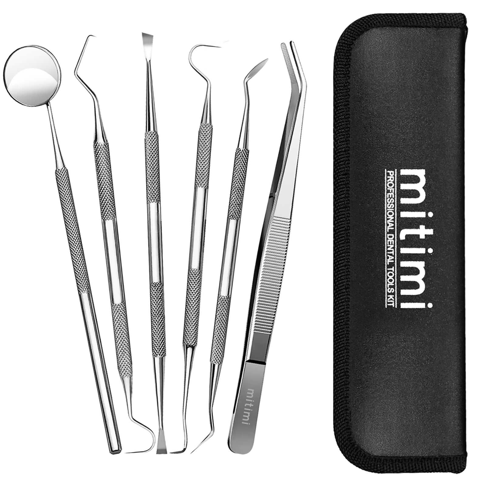 Mitimi 6-Piece Stainless Steel Dental Tools Set - Professional Plaque Scaler & Tartar Remover for Teeth Cleaning - Perfect for Dentists, Hygienists & Home Oral Care