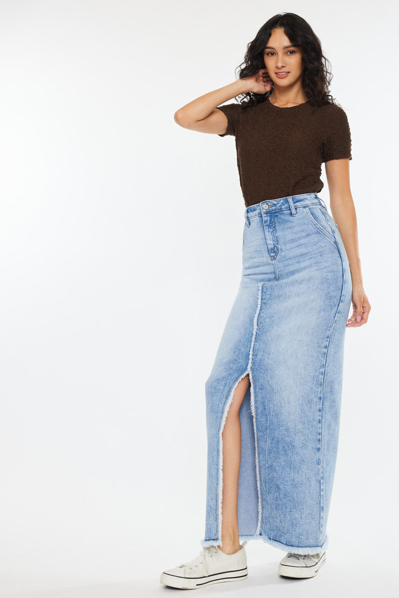Anette High Rise Maxi Denim Skirt for Women - Vintage Blue Stretch Denim Long Skirt with Side Slits | Perfect for Casual Outfits, Date Nights & Boho Style