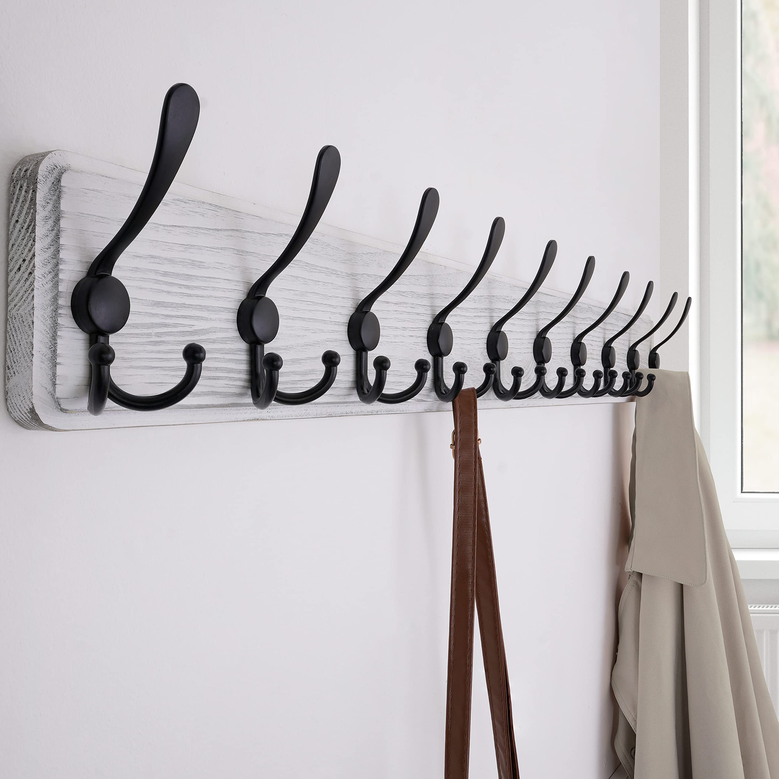 SKOLOO 38.3'' Wall Mounted Coat Rack - Heavy Duty Rustic Wooden Coat Hooks with 10 Triple Hooks for Jackets, Hats & Clothes Storage (Weathered White) - Perfect for Entryway, Mudroom & Bedroom Organization