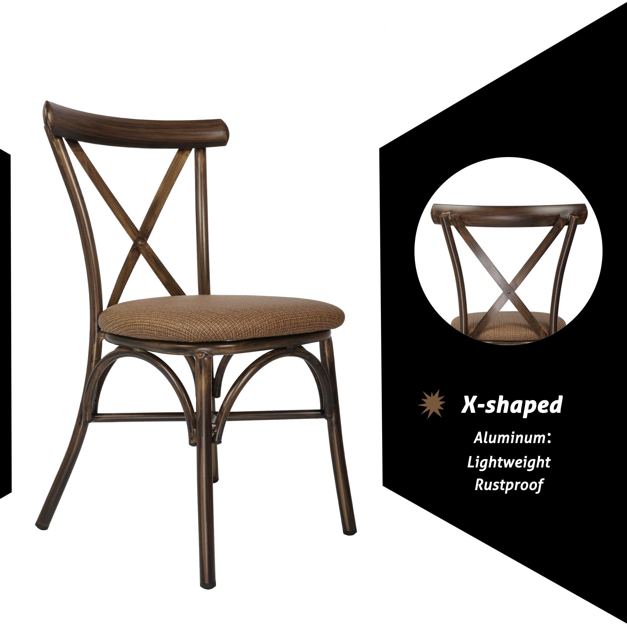 LUCKYERMORE 2-Piece Upholstered Dining Chair Set - Sturdy PU Leather Kitchen Chairs with X-Shape Back & Aluminum Frame - Modern Indoor/Outdoor Dining Room Chairs with Brown Cushion - Perfect for Kitchen, Dining Room, Patio or Outdoor Entertaining