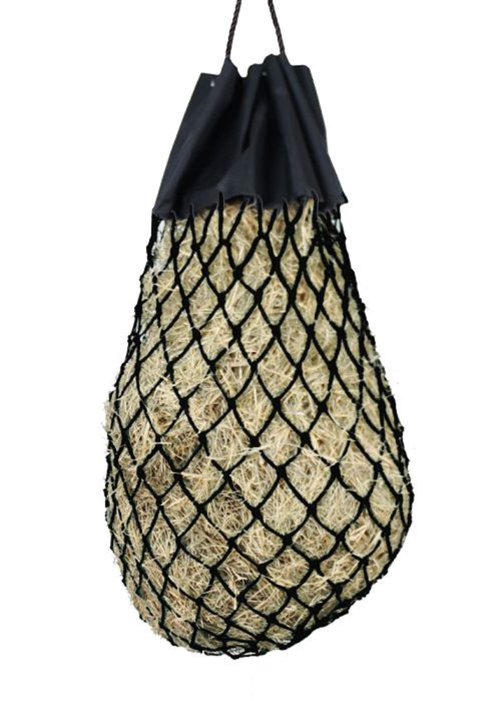 Easy-Fill Slow Feed Nylon Hay Bag with Drawstring Top Closure - Durable Black Horse Feeder for Stable, Pasture & Travel - Reduces Waste & Promotes Healthy Eating