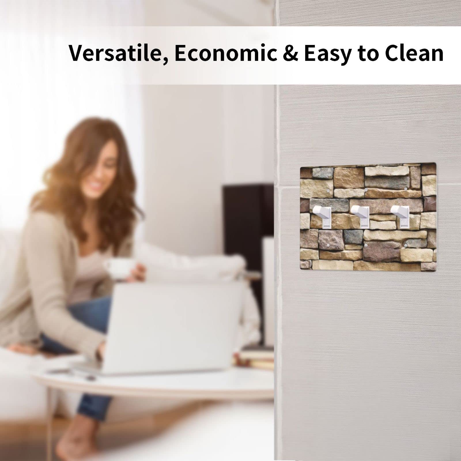 Funny Stone Decorative Light Switch Cover - Triple Toggle 3 Gang Wall Plate for Bathroom, Kitchen & Bedroom - 4.50 x 6.38 Inch Rock Texture Faceplate - Unique Home Decor Accessory for Modern Interiors