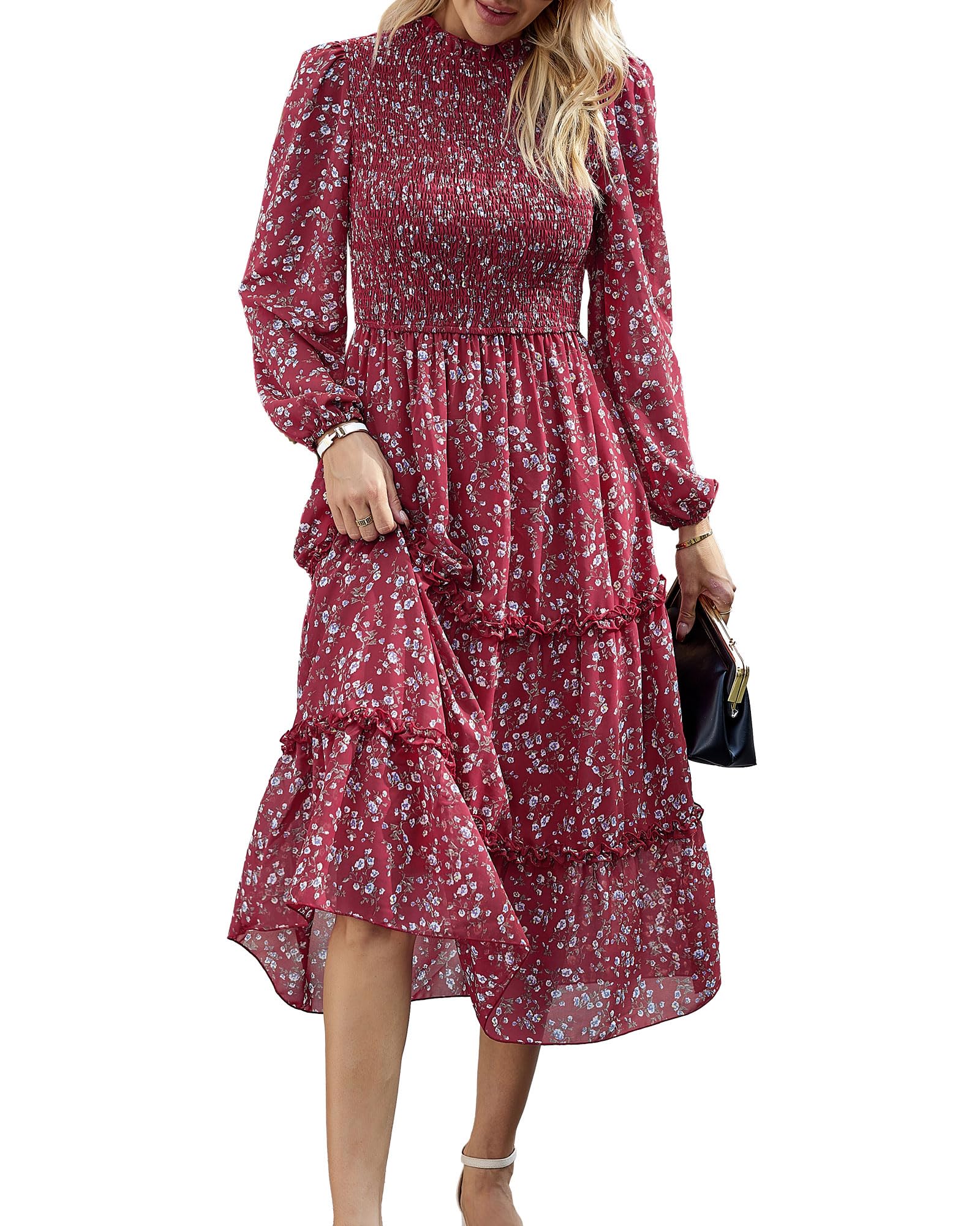 NOLLSOM Women's Floral Boho Maxi Dress 2025 - Long Sleeve Crew Neck A-Line Ruffle Wedding Guest Dress for Spring | Perfect for Beach Vacations, Garden Parties & Casual Outings