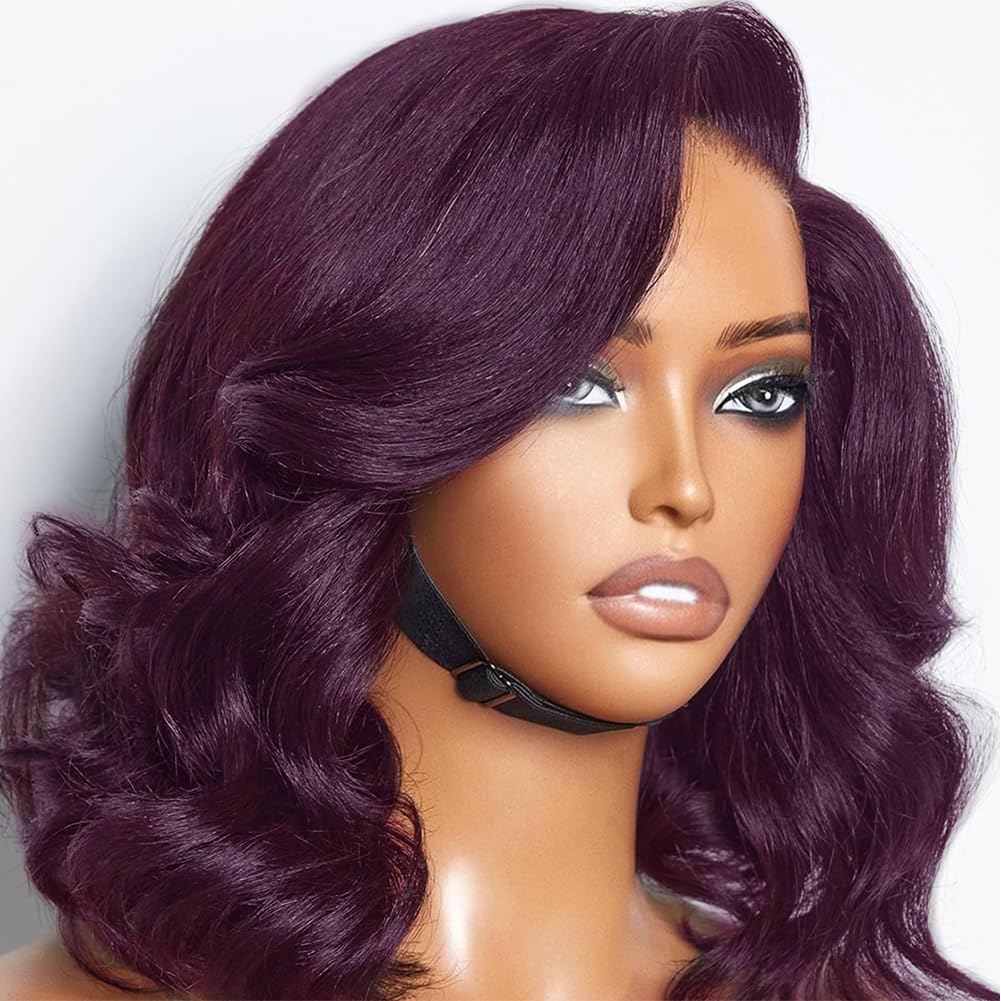 12inch Purple Bob Wig Human Hair Pre Plucked with Baby Hair | 13x4 Dark Burgundy Body Wave Lace Front Wigs | 180% Density Deep Purple Wigs for Black Women | Perfect for Cosplay, Halloween & Daily Fashion