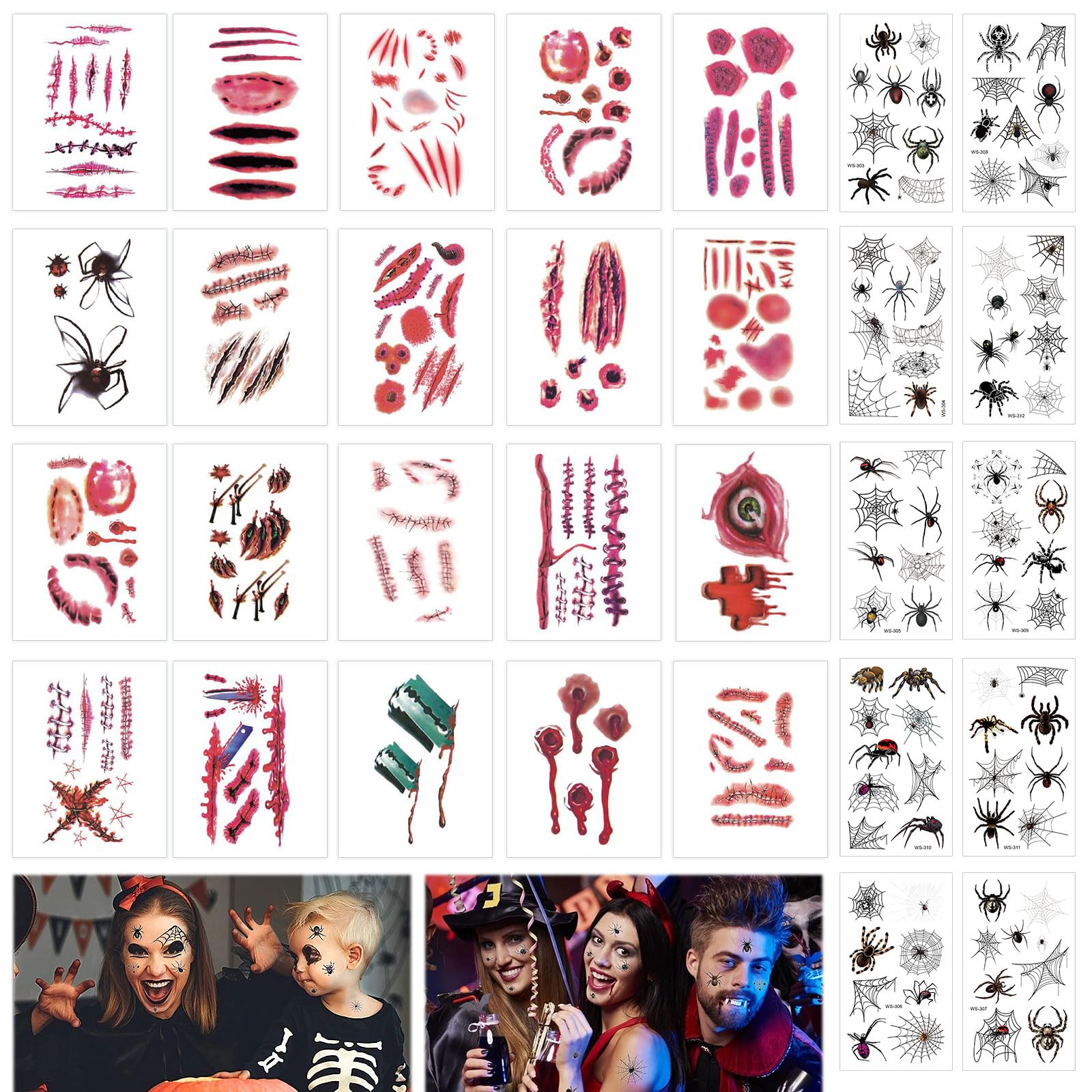 TECHEEL Halloween Temporary Tattoos - Scary Face & Body Tattoos for Halloween, Masquerade, Carnival & Costume Parties - Perfect Gift for Adults & Kids - Great for Cosplay, Themed Events & Spooky Decorations
