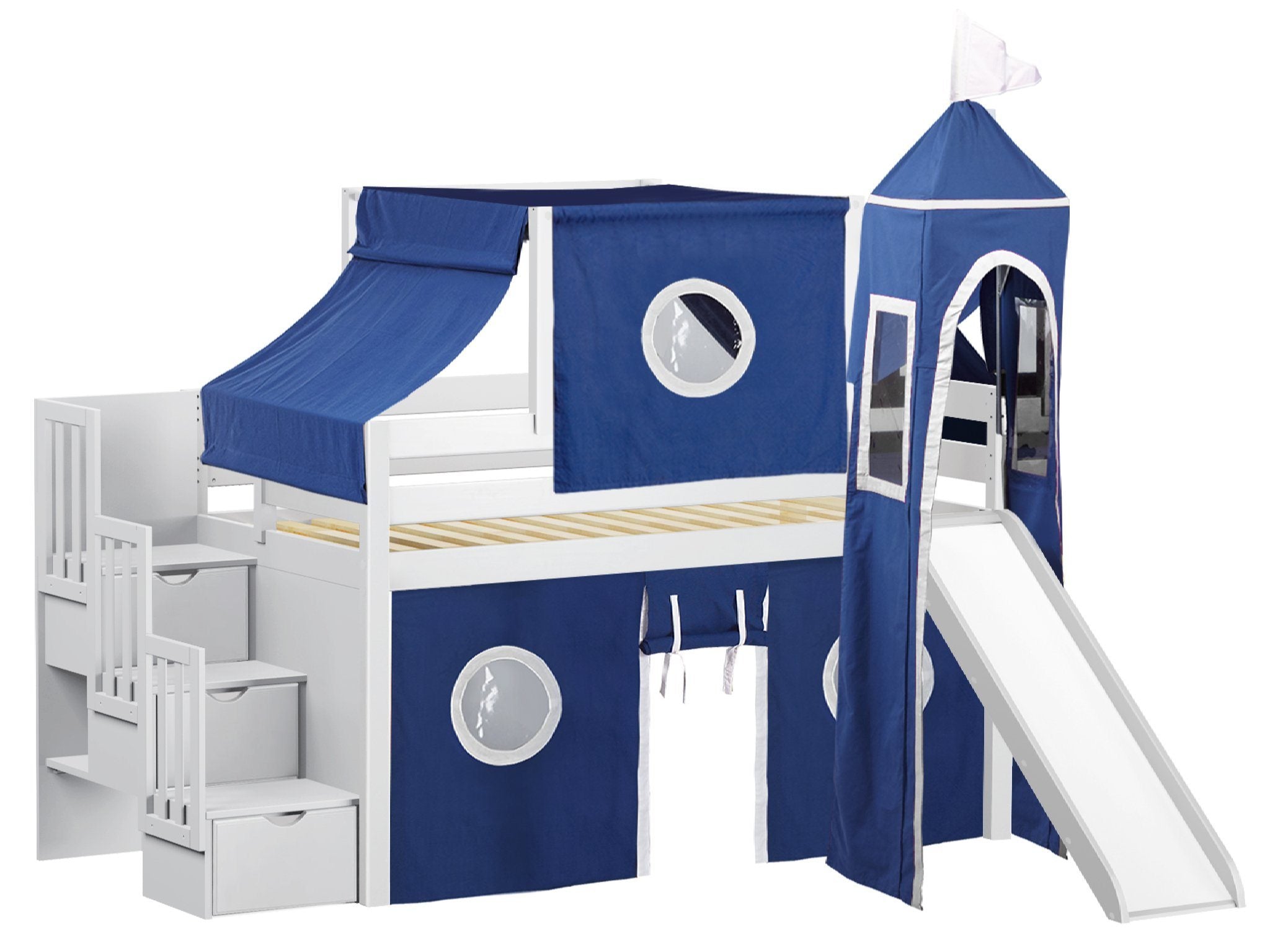 White Twin Loft Bed with Stairs, Slide & Blue Tent - Kids Playhouse Castle Bed for Bedroom, Playroom or Dorm - Fun Sleeping & Play Space for Boys & Girls