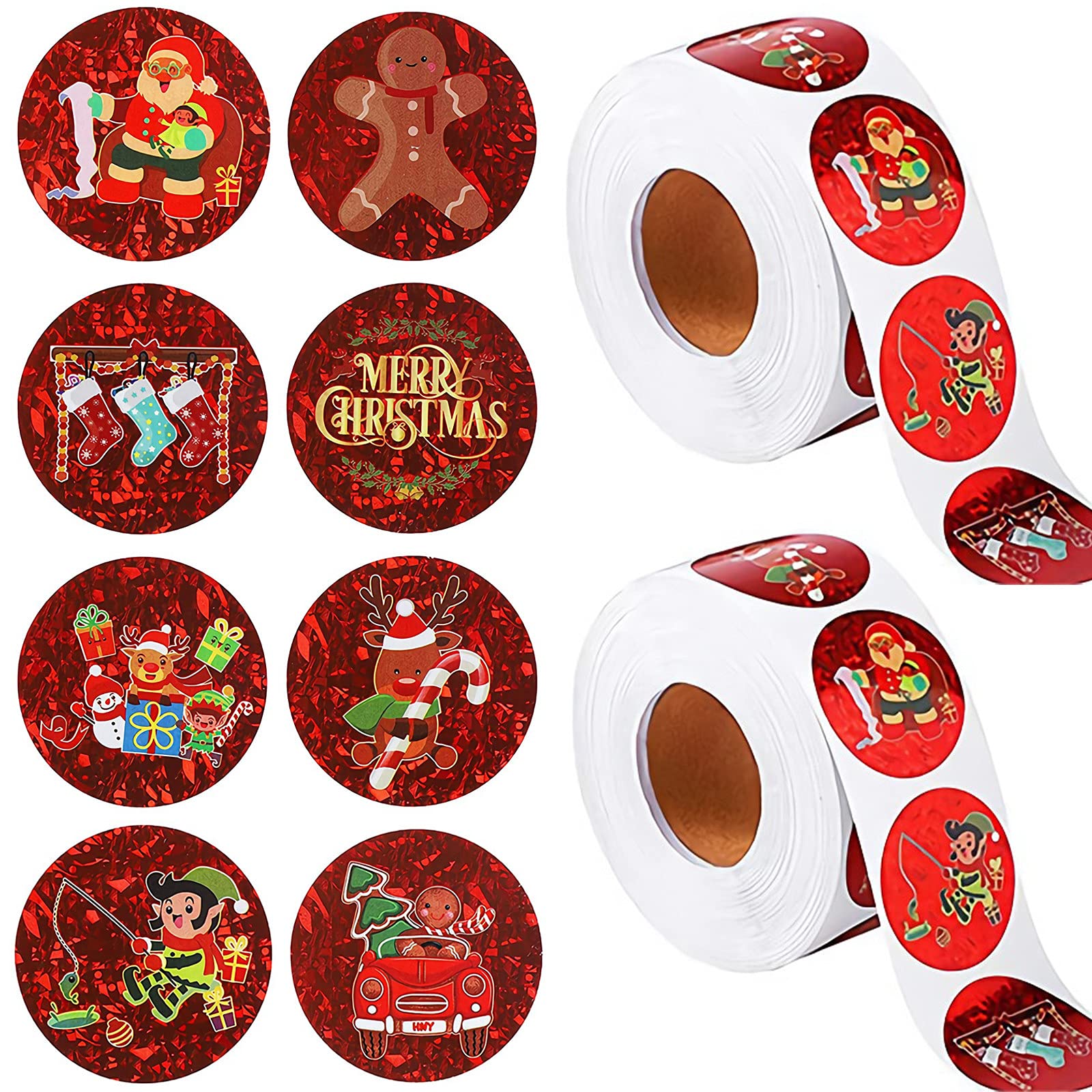 2 Rolls 1000 Pcs Christmas Stickers - Santa, Socks, Elk & Bear Holiday Stickers, Self-Adhesive Gift Tags, Envelope Seals for Xmas Party Favors & Decorations (1 Inch) - Perfect for DIY Gifts, Scrapbooking, Holiday Cards & Festive Crafting