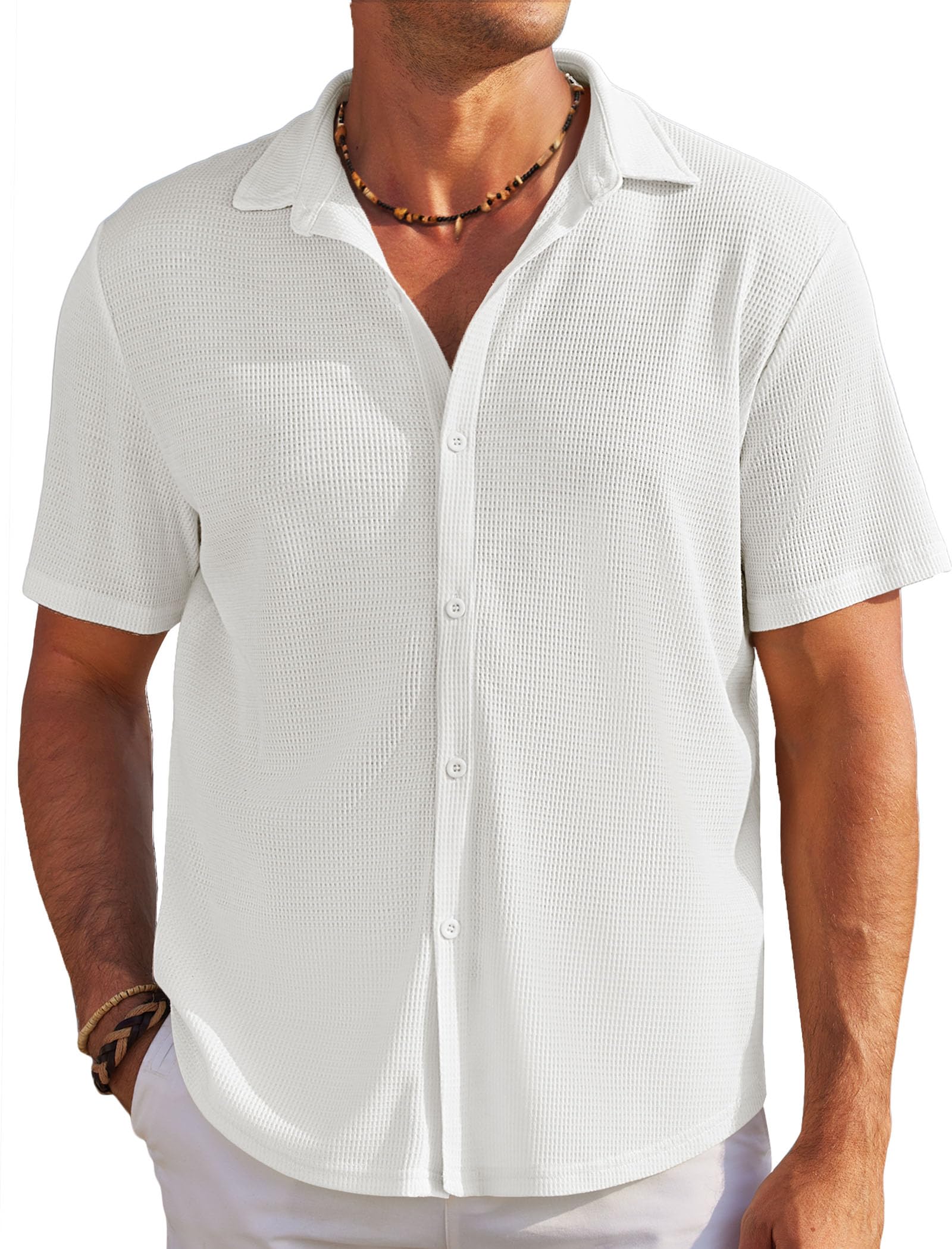 COOFANDY Men's Casual Short Sleeve Waffle Knit Button Down Shirt - Breathable Wrinkle-Free Summer Shirt for Beach, Vacation & Outdoor Activities