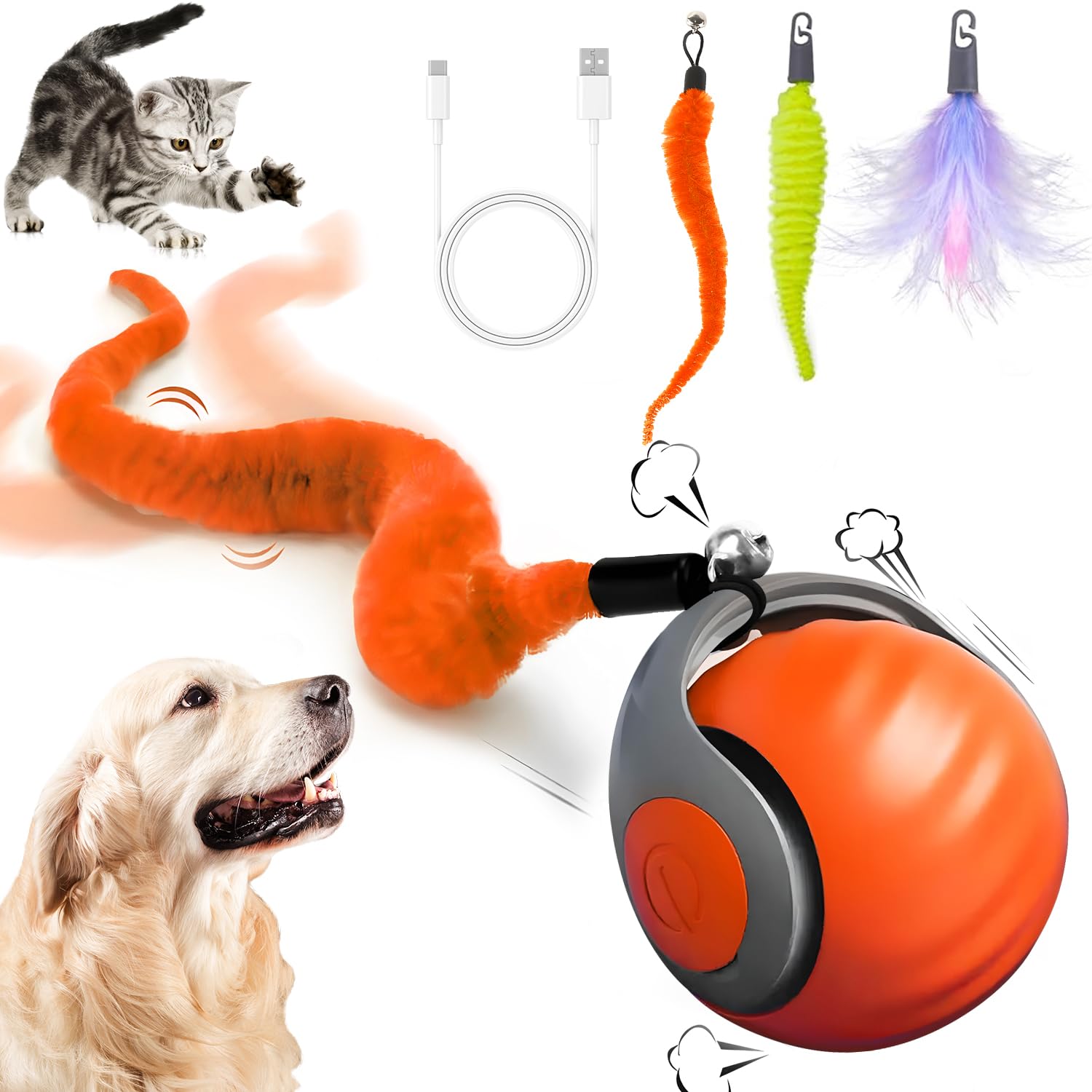 Interactive Cat Ball Toy 2.0 - Smart Automatic Cat Toy with 3 Tails & 2 Speed Modes, Obstacle Avoidance for Indoor Cats - Fun Exercise Toy for Small/Medium/Large Cats (Orange) - Perfect for Playtime, Boredom Relief & Keeping Active Indoor Cats Entertained