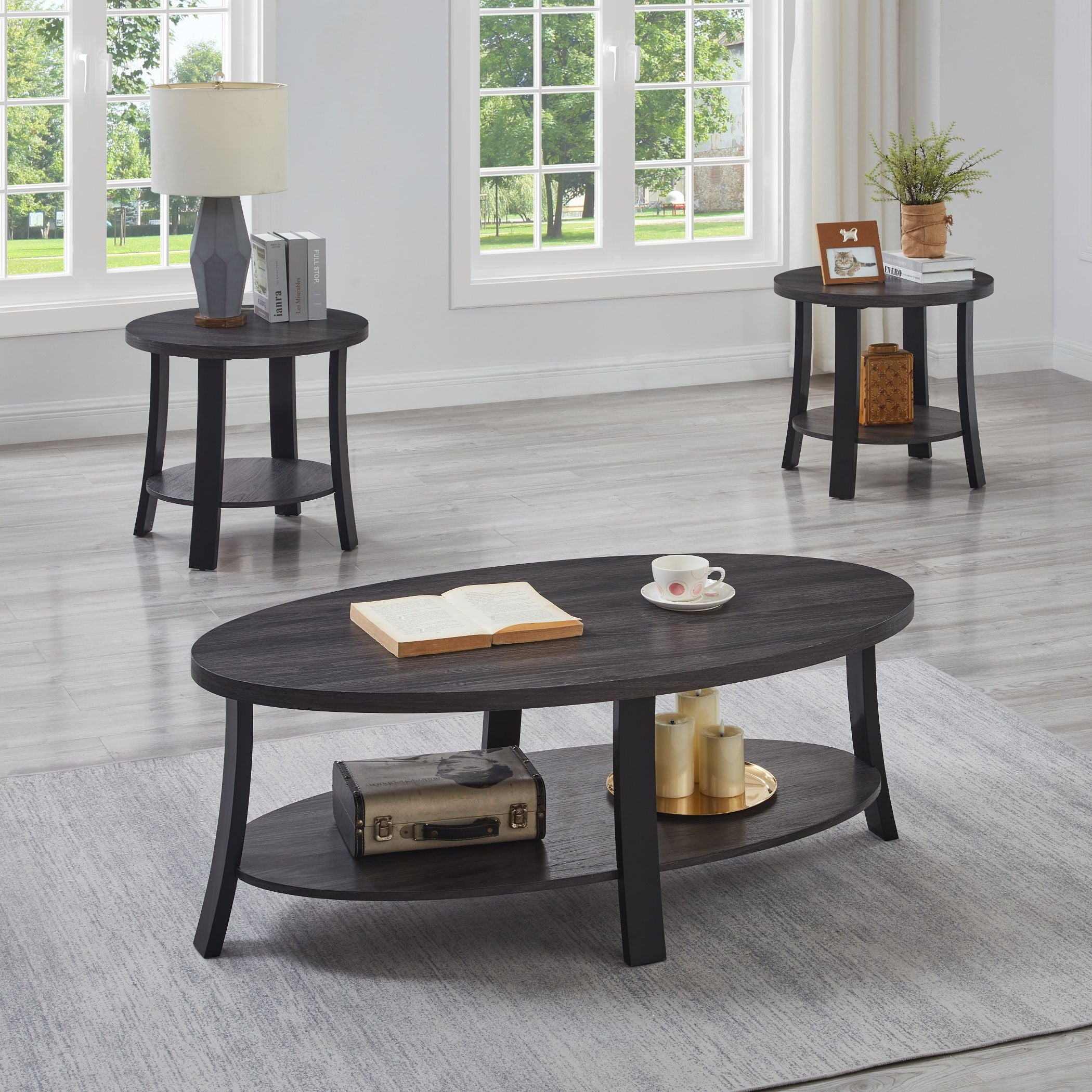 Roundhill Furniture Anze Contemporary Oval Wood Shelf 3-Piece Coffee Table Set - Modern Living Room Decor for Small Spaces & Apartments