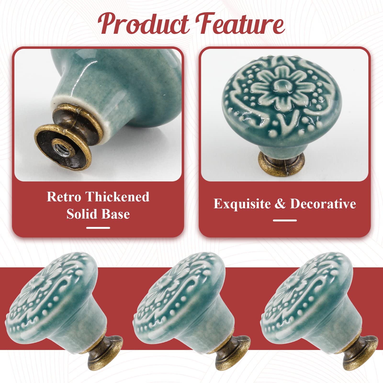 Vintage Green Ceramic Knobs 4pcs - Retro Drawer Pulls for Kitchen Cabinets & Furniture