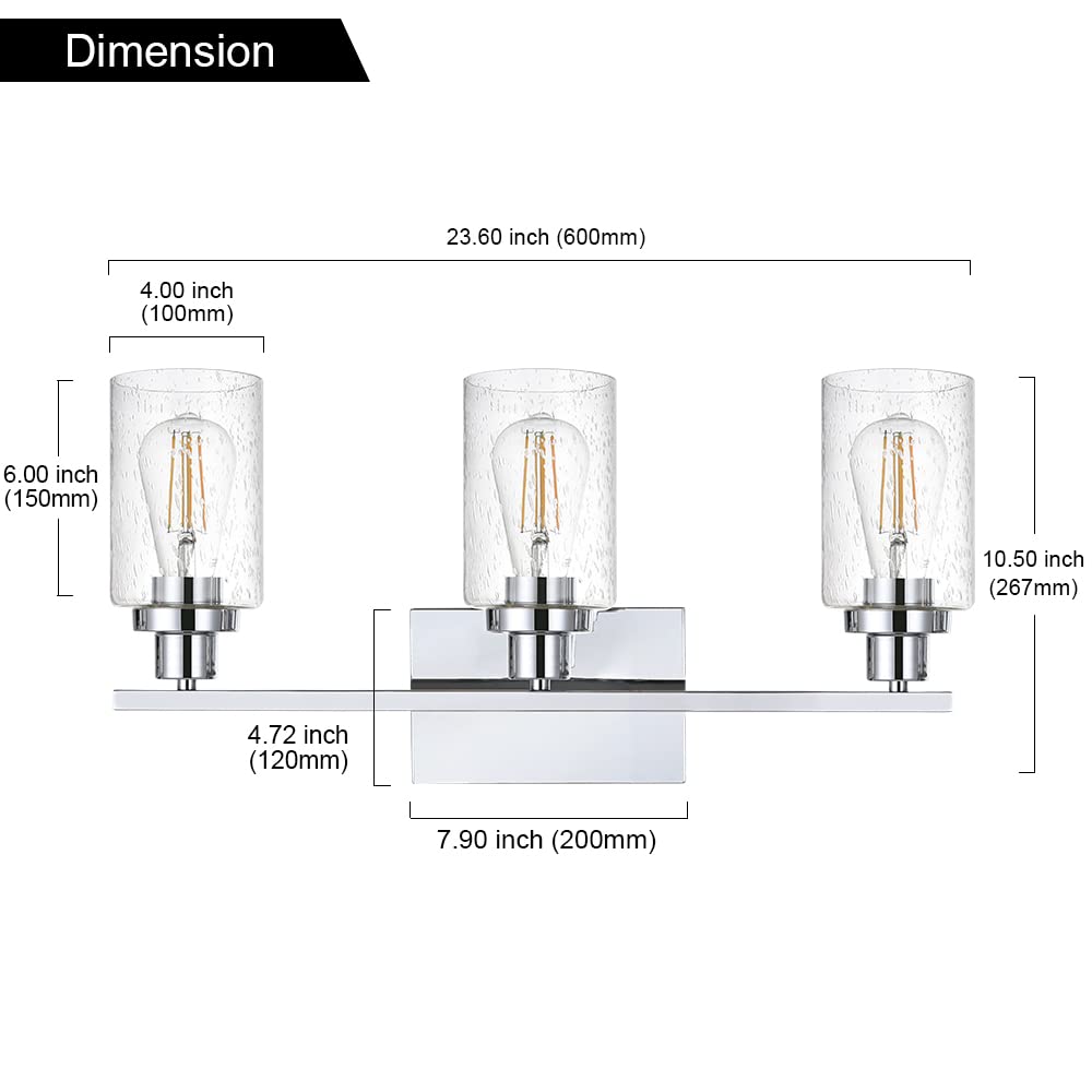 MELUCEE 3-Light Chrome Vanity Bathroom Mirror Lights with Bubbled Glass Shades - Modern Wall Sconce Lighting for Bathroom, Hallway, Kitchen & Foyer - Dimmable Indoor Fixture (Patent: US D963914 S) - Perfect for Makeup Vanity, Dressing Room & Home Decor