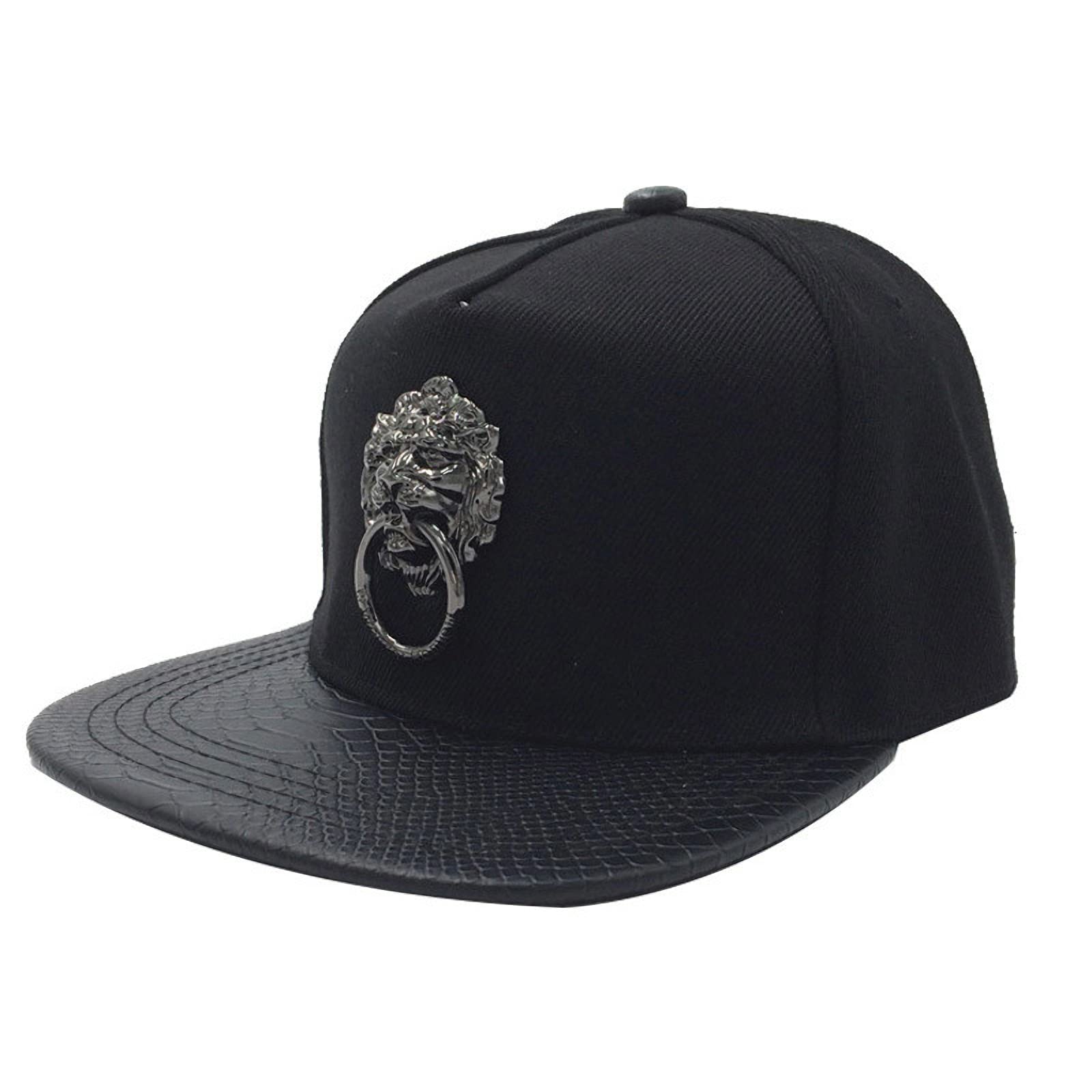 Unisex Lion Head Metal Badge Leather Baseball Cap - Adjustable Snapback Flat Bill Sport & Sun Hat for Men Women - Perfect for Outdoor Activities, Sports Events & Fashion Streetwear