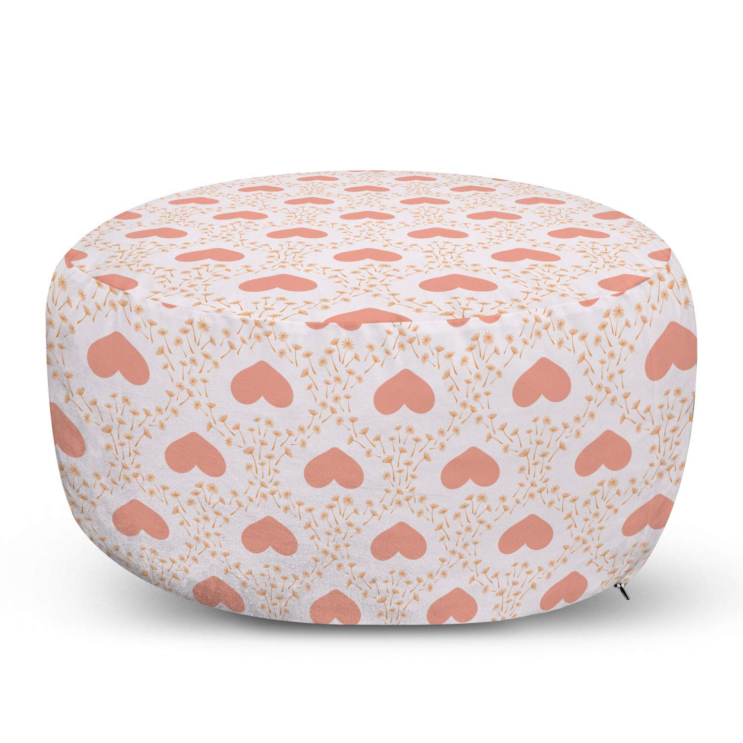 Ambesonne Romantic Ottoman Pouf - Pastel Nature Floral Print with Hearts & Dandelions, Soft Foot Rest Stool with Removable Cover for Living Room & Bedroom Decor - Salmon Pink - Perfect for Cozy Seating, Reading Nooks & Nursery Accents