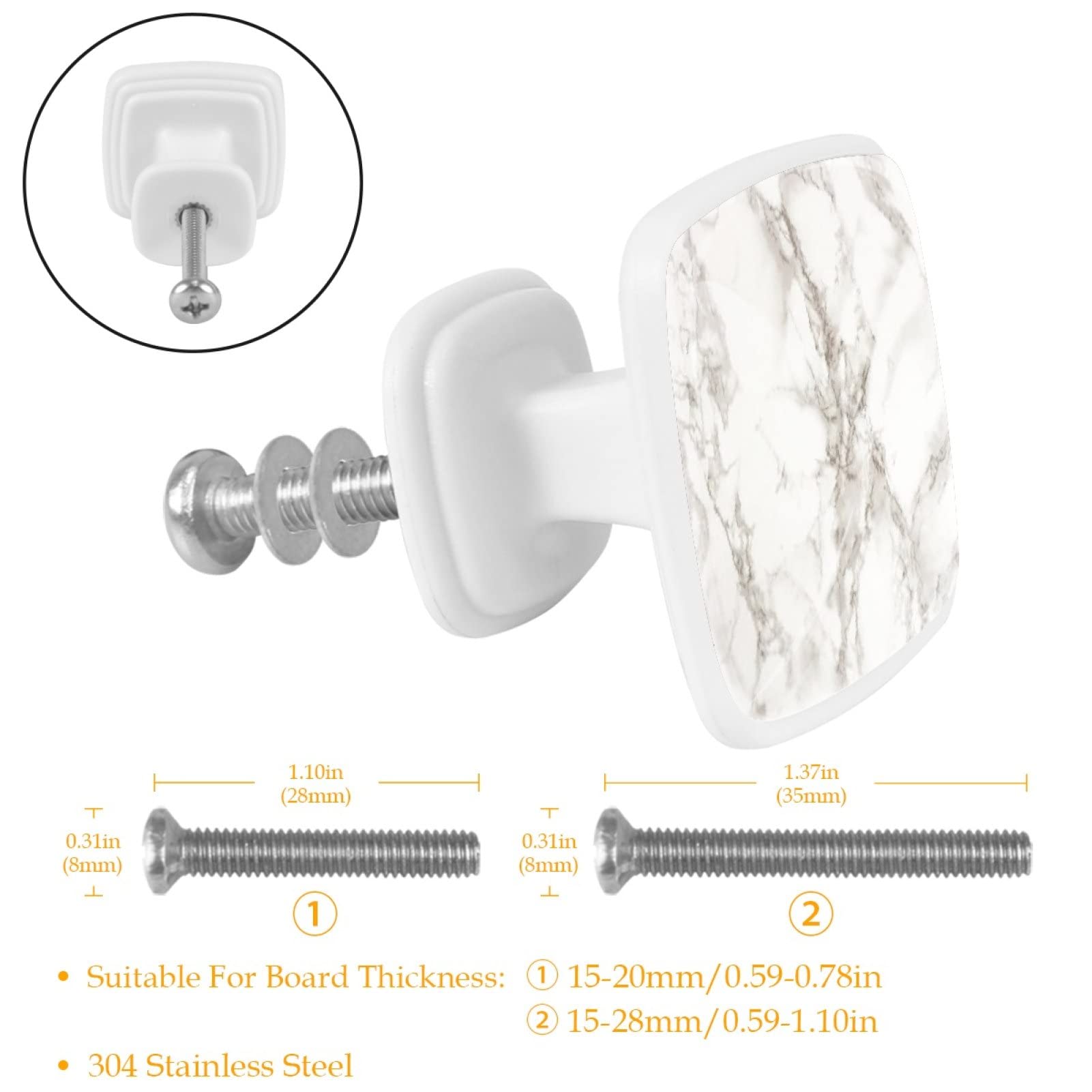 4-Pack White Marble Texture Crystal Glass Drawer Knobs - 30mm Square Cabinet Pulls for Kitchen, Dresser, Wardrobe & Cupboard - Ergonomic Furniture Handles for Easy Opening & Stylish Home Decor
